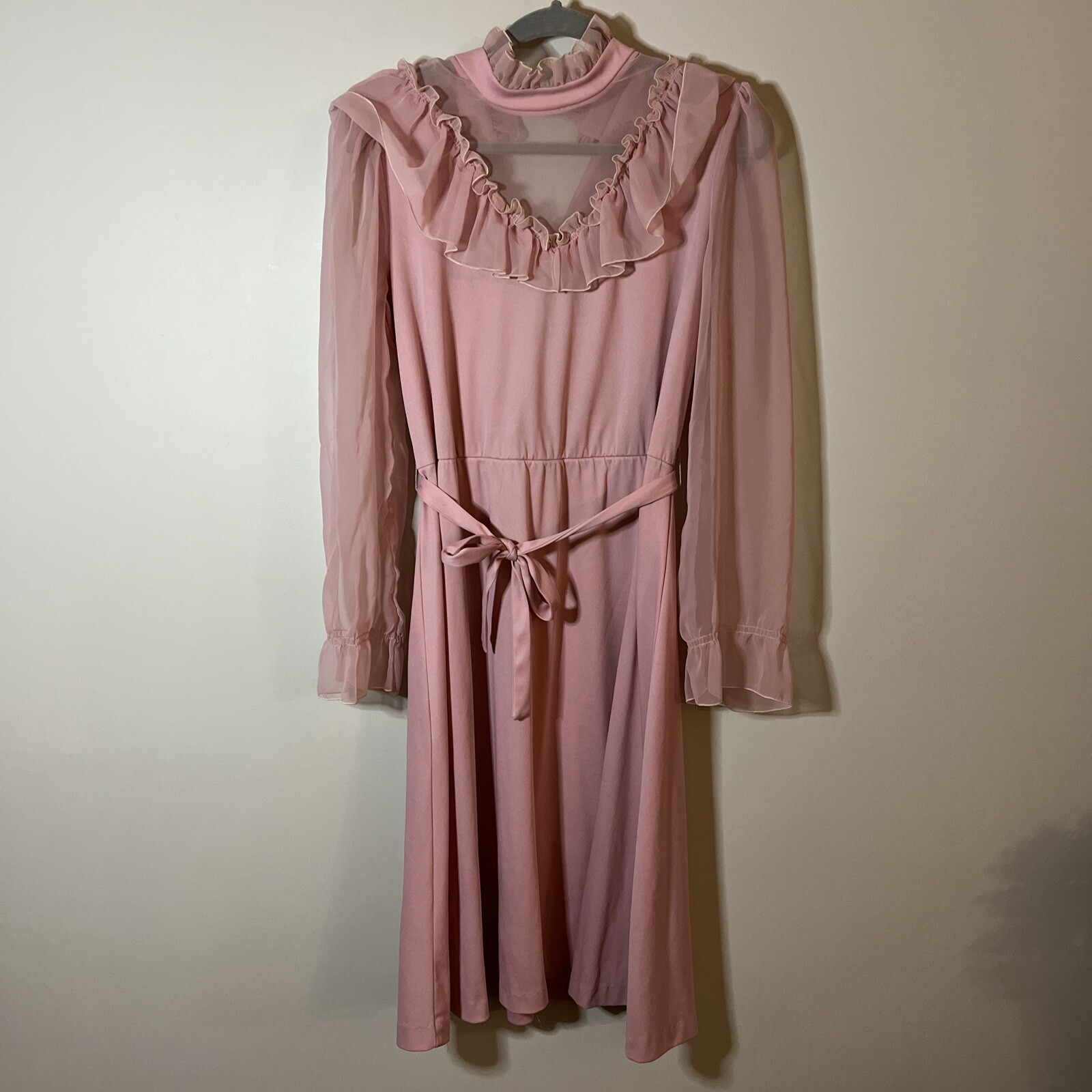 VTG 1970s Riccardo Pink Chiffon Ruffle Prairie Dress FLAWED