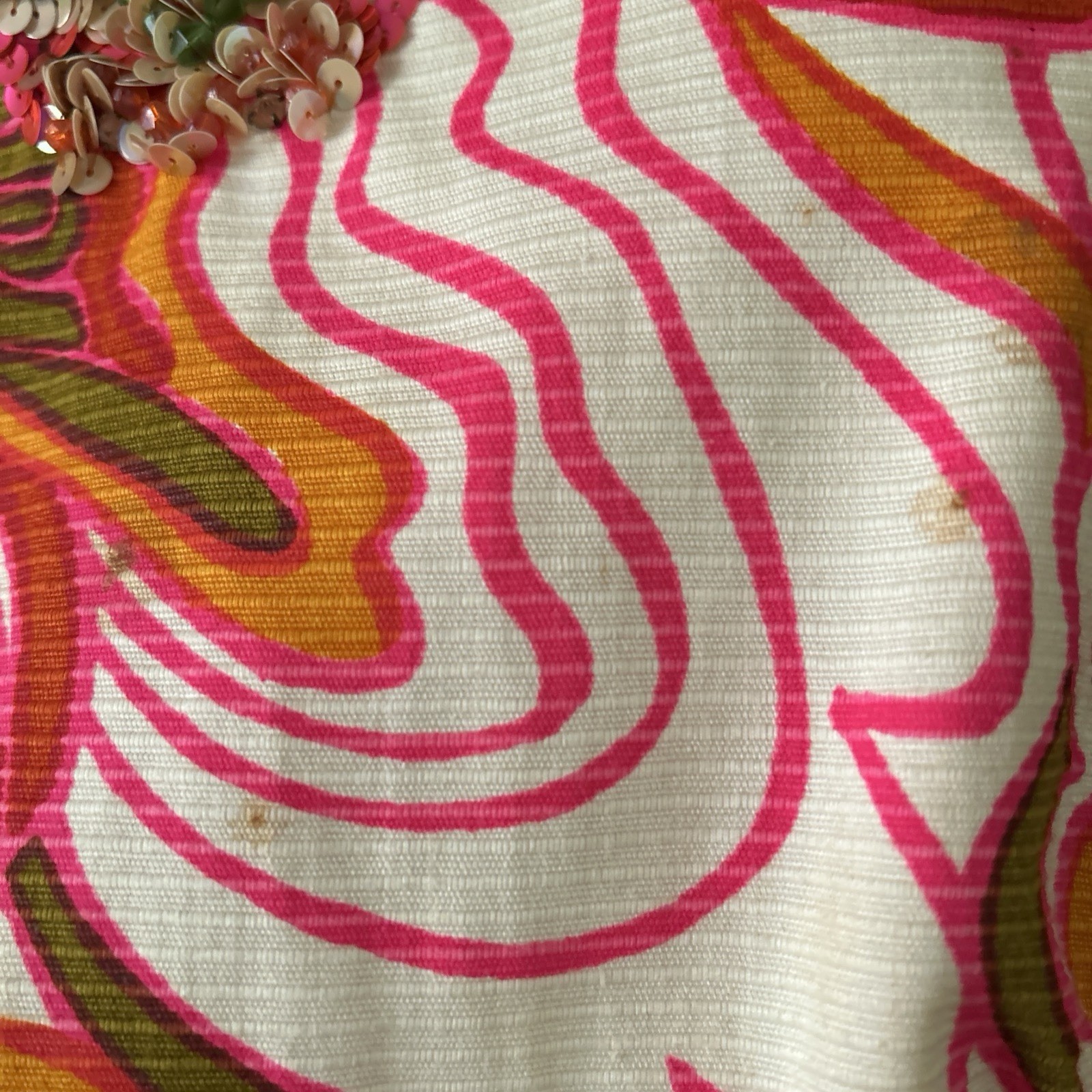 Vintage Cameo Psychedelic Maxi Dress 10 Orange White Pink Cotton Sequins Trim
