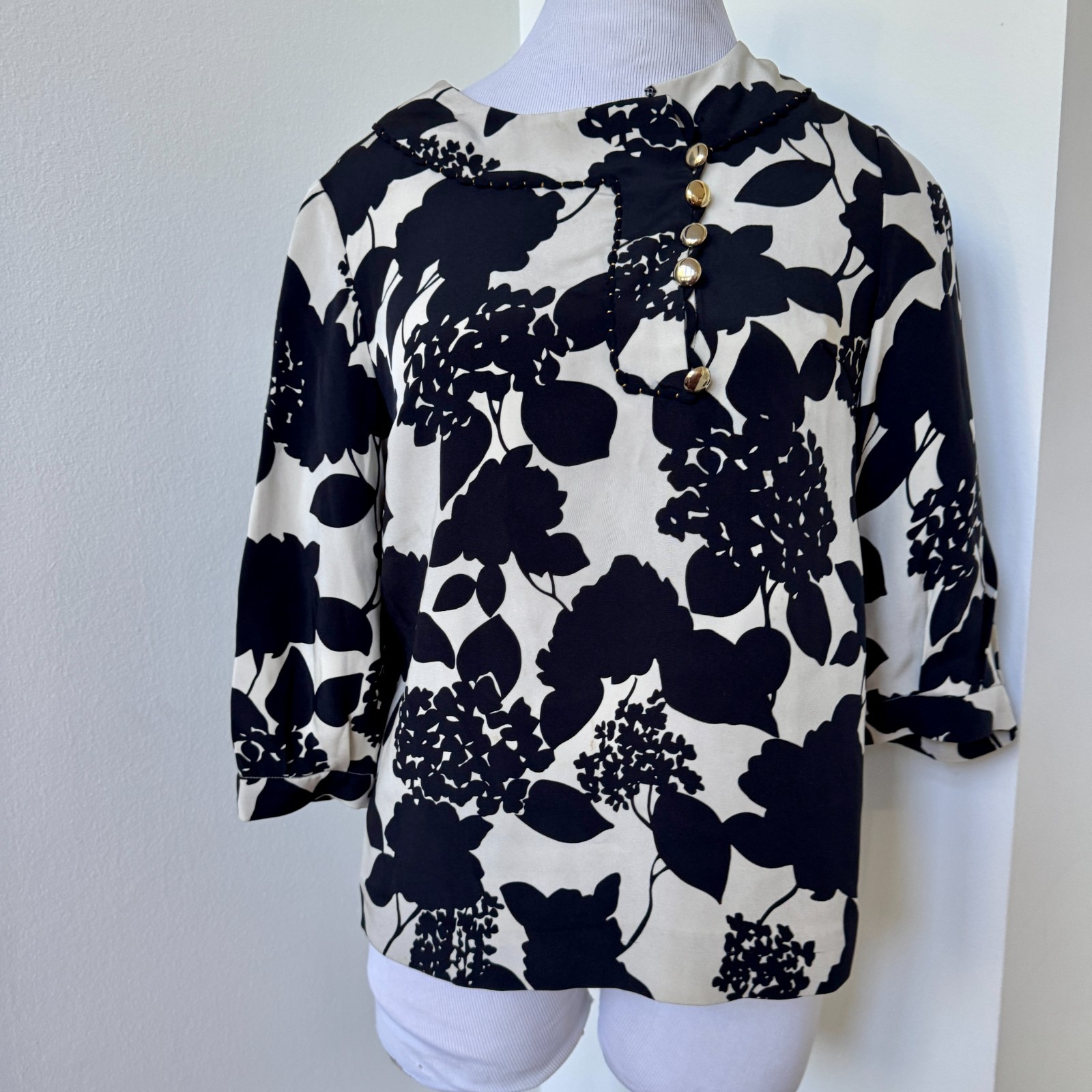 Vintage Floral Blouse Phillip Lim 3.1 Blouse Top Black and Cream Flowers Leafs