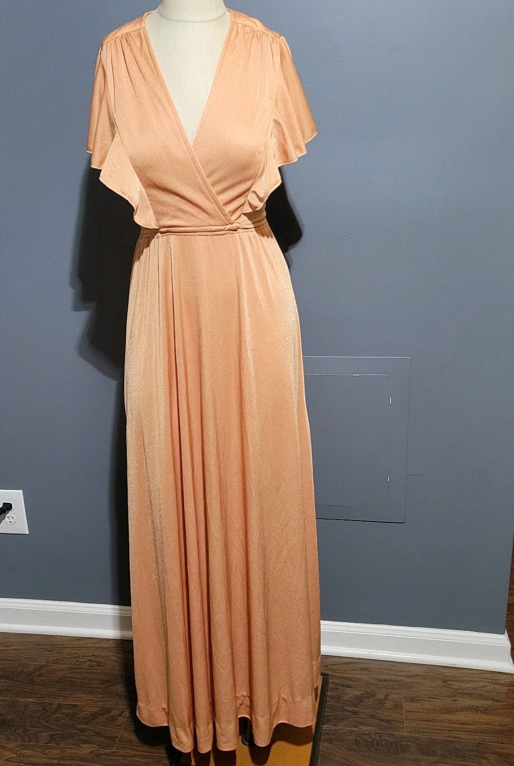 Vintage 1970s Jody T Of California Maxi Gown 2 Salmon Draped Sleeve Full Skirt