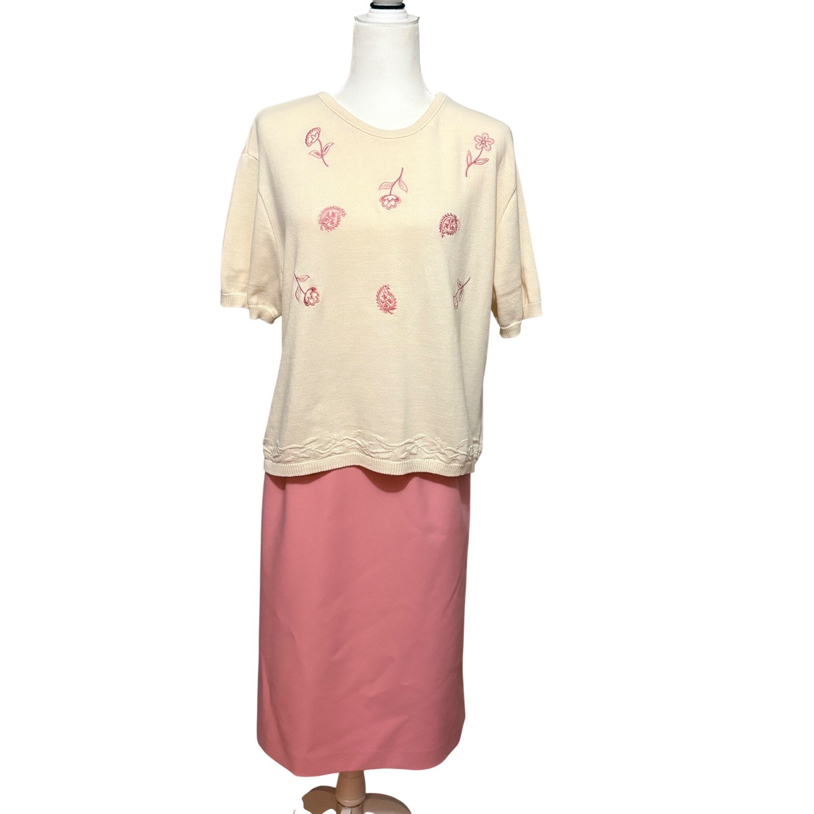VTG Nikki Southern Pink Cream Floral Embroidered Sweater & Midi Skirt Set XL 18