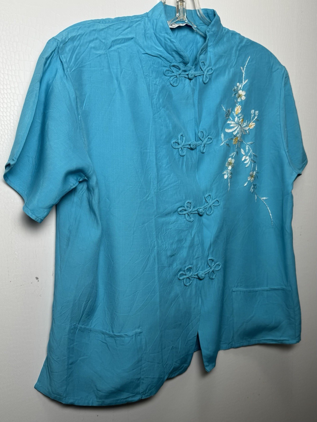Vtg 80s Turquoise Mandarin Top M Floral Embroidered Frog Closure Rayon Japan