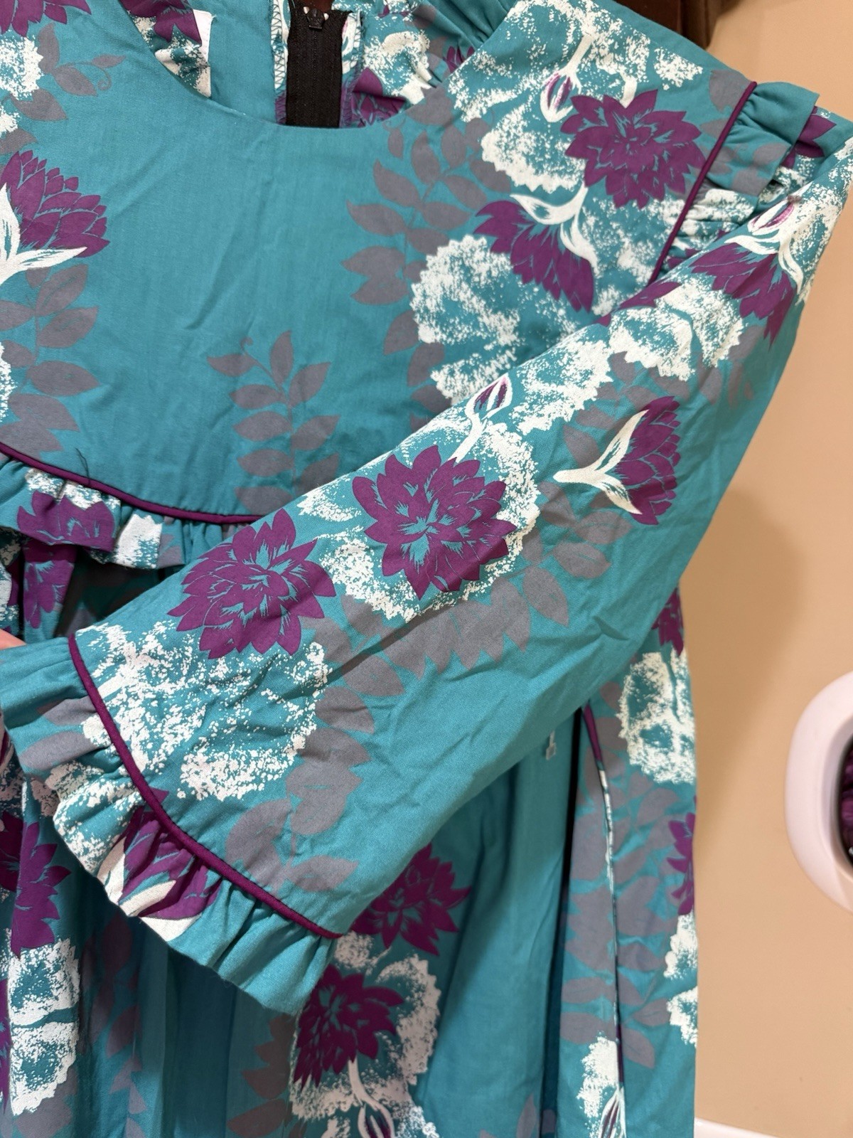 Vtg TORI RICHARD Golden Monarch Collection Teal Floral Printed Maxi Dress Size M