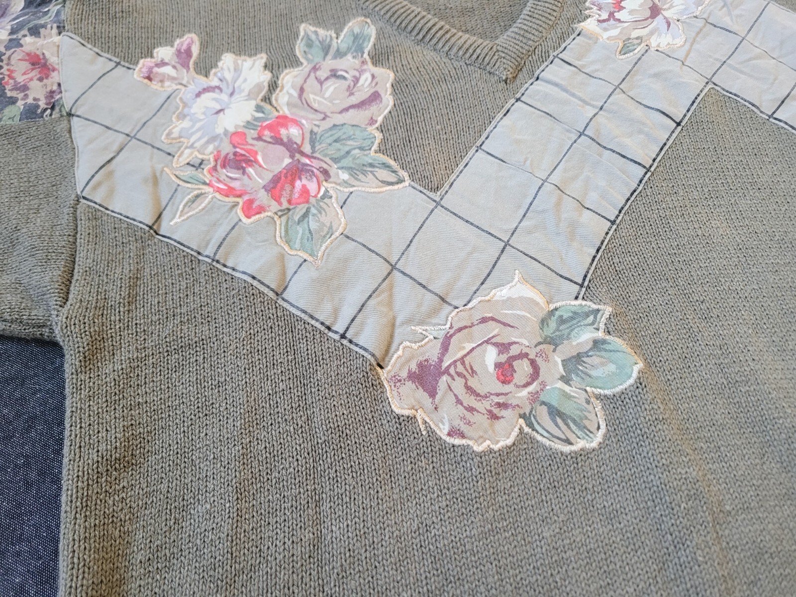 Vintage 80s 90s Batwing Applique Floral Sweater Cotton Ramie Neutral Size Large
