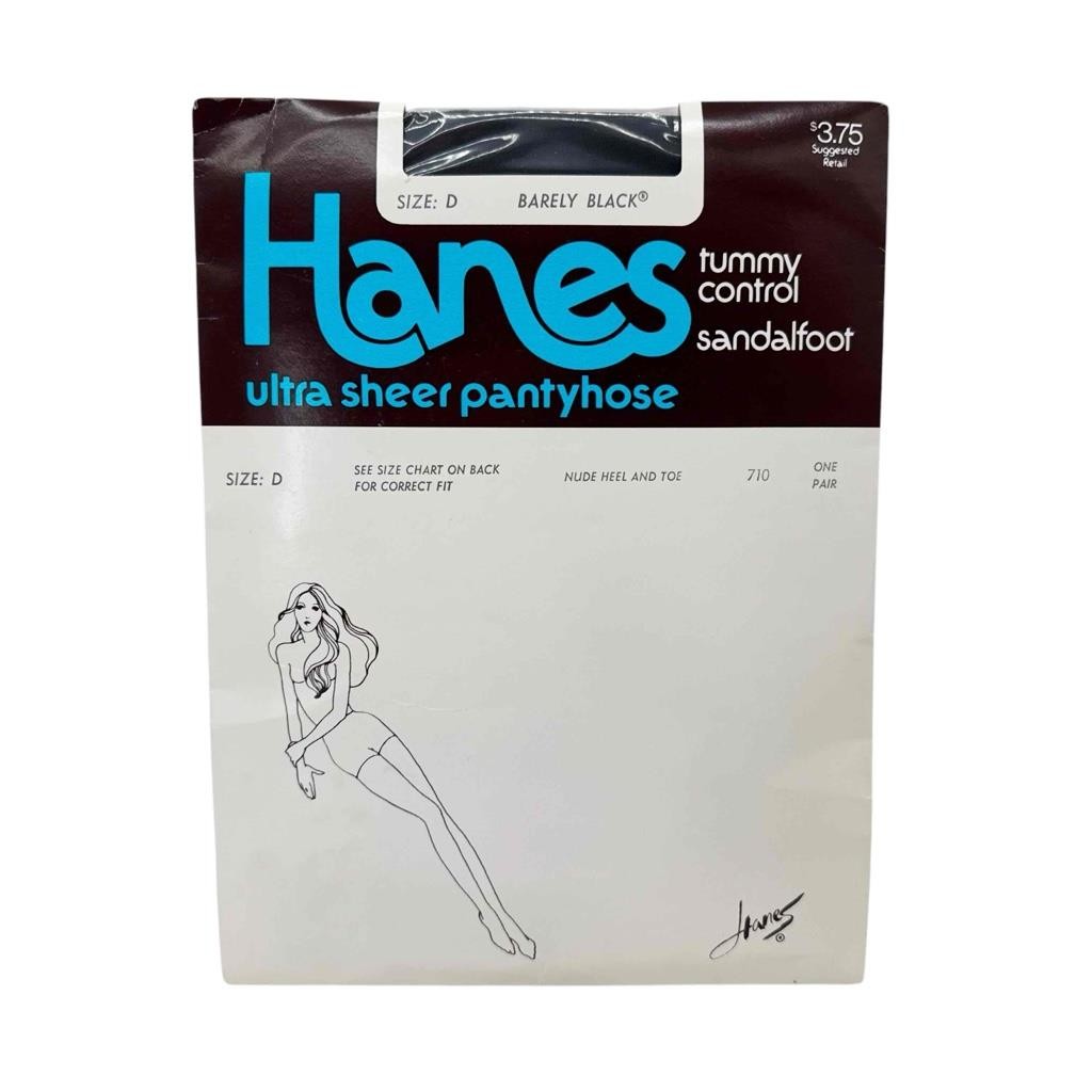 Vintage 1980 Hanes Ultra Sheer Pantyhose BARELY BLACK Size D Tummy Control 710
