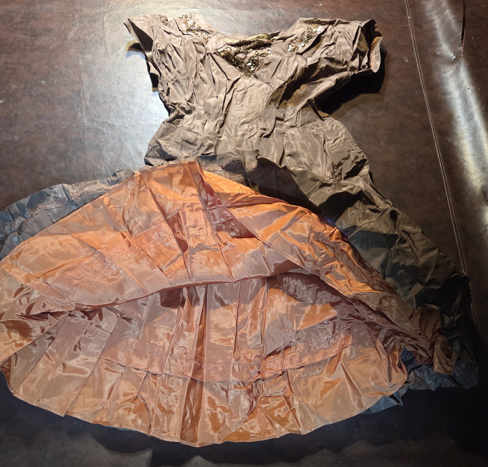 Vintage Mid Century 50s Fit Flare Cocktail Dress Brown Taffeta Sequin Beading