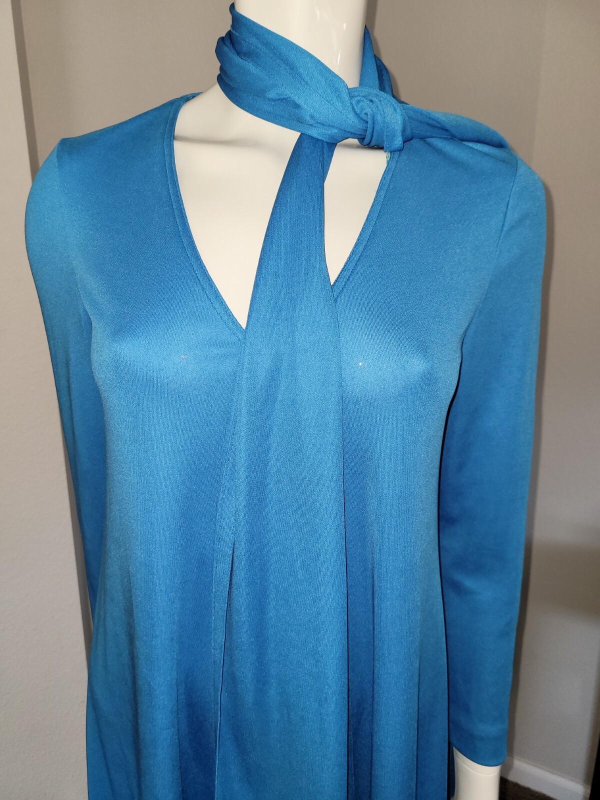 VTG MARITA by ANTHONY MUTO low cut blue day dress attached scarf 1970s European