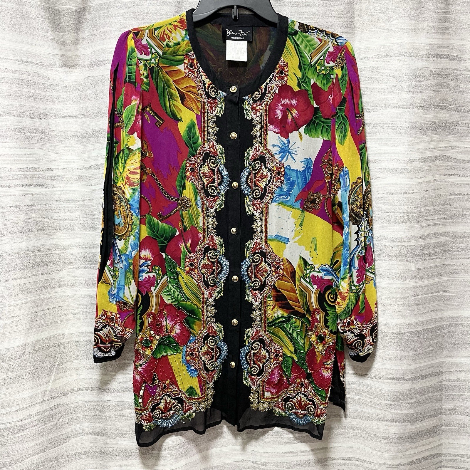 VTG Diane Freis Women Blouse Size M/L Silk Bead Sequin Retro Glam Festive Luxury
