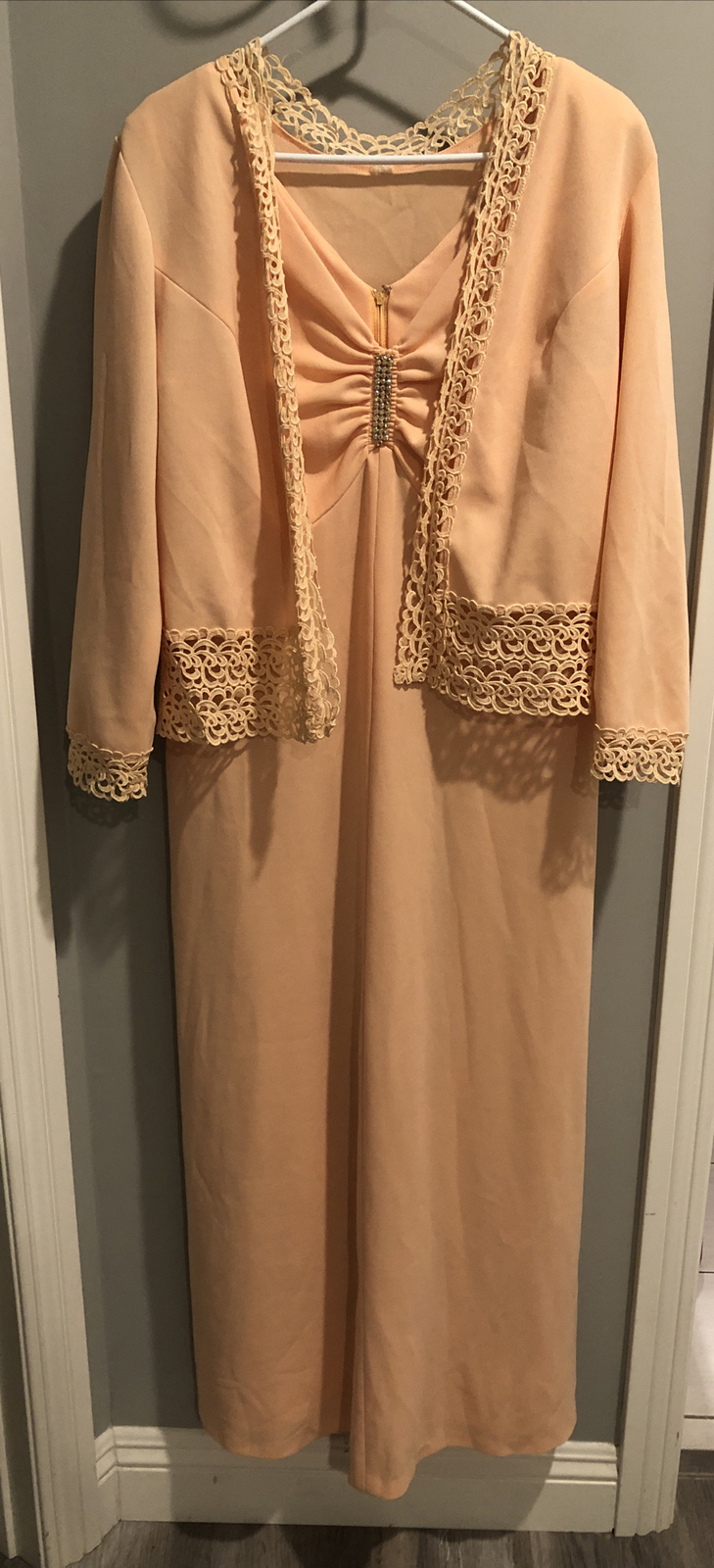 VTG Miss Rubette Long Peach Dress Rhinestone And Coat Sz 16
