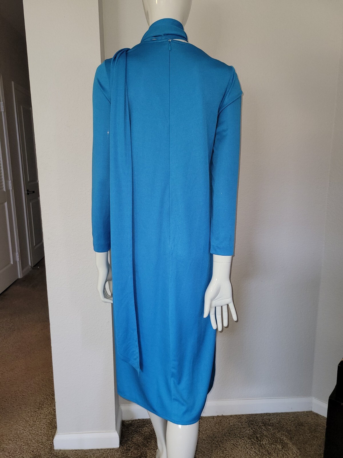 VTG MARITA by ANTHONY MUTO low cut blue day dress attached scarf 1970s European