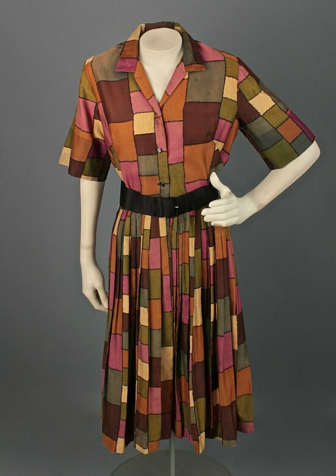 VTG Women’s 50s 60s Patchwork Print Shirtwaist Dress Sz XS 1950s 1960s