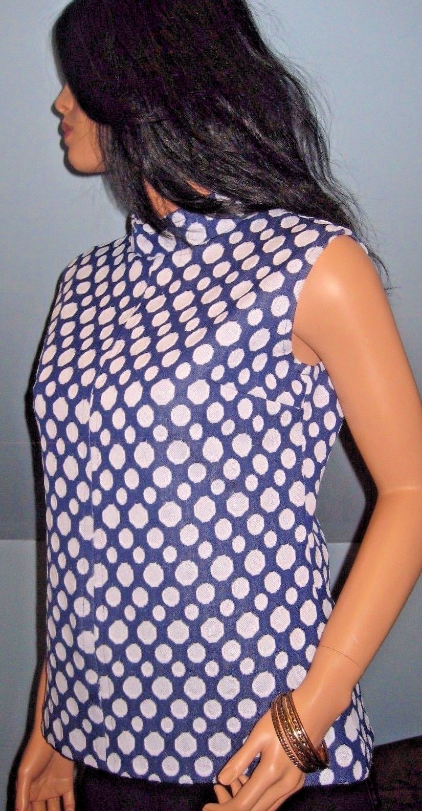 Vintage~Blue~White~Polka Dots~Blouse~Side split~back Zipper~Size L/XL!