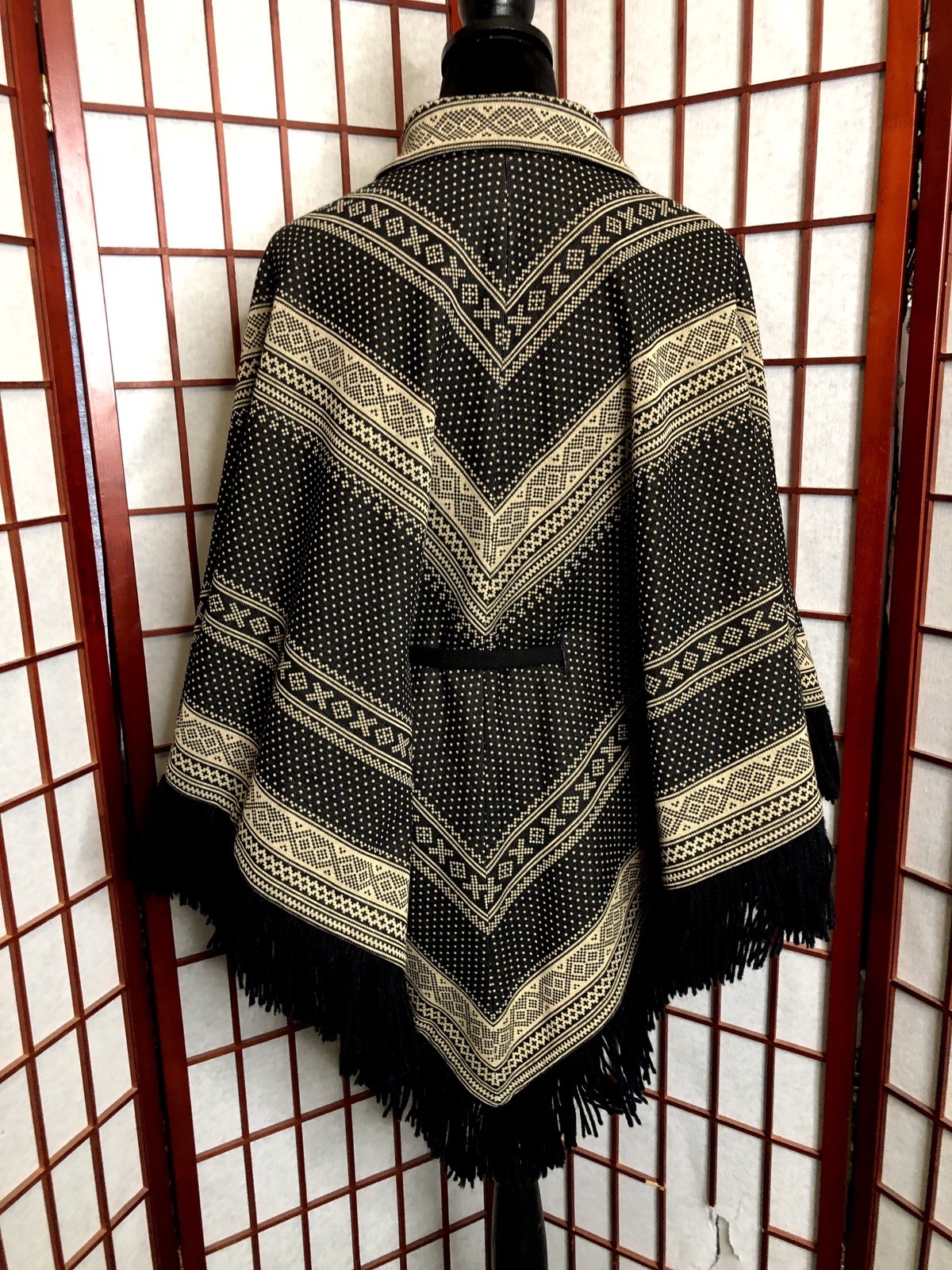 Vintage 60s 70s BUTTE KNIT Polyester Black Beige Fringe Belted Poncho Coat Dress