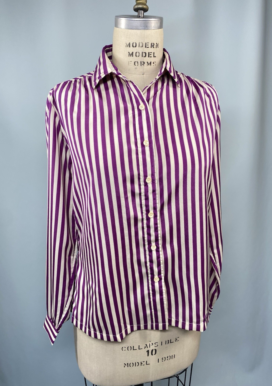 Vintage Blouse SIZE L 14 purple stripe SHAPELY classic 80s 90s long sleeve