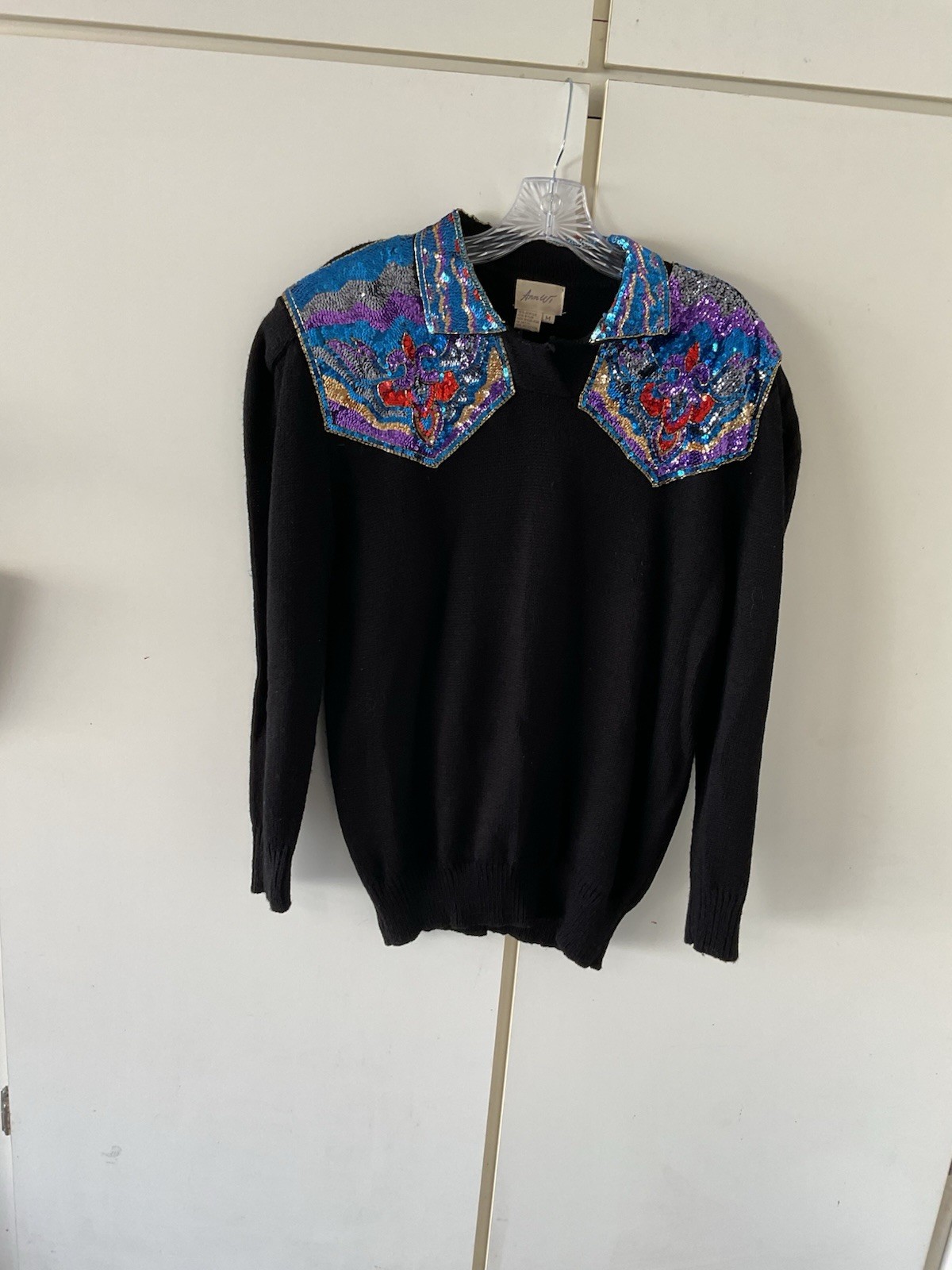 Vintage 80-90S Black knit Sweater Multicolored Sequins And Intricate Beadwork
