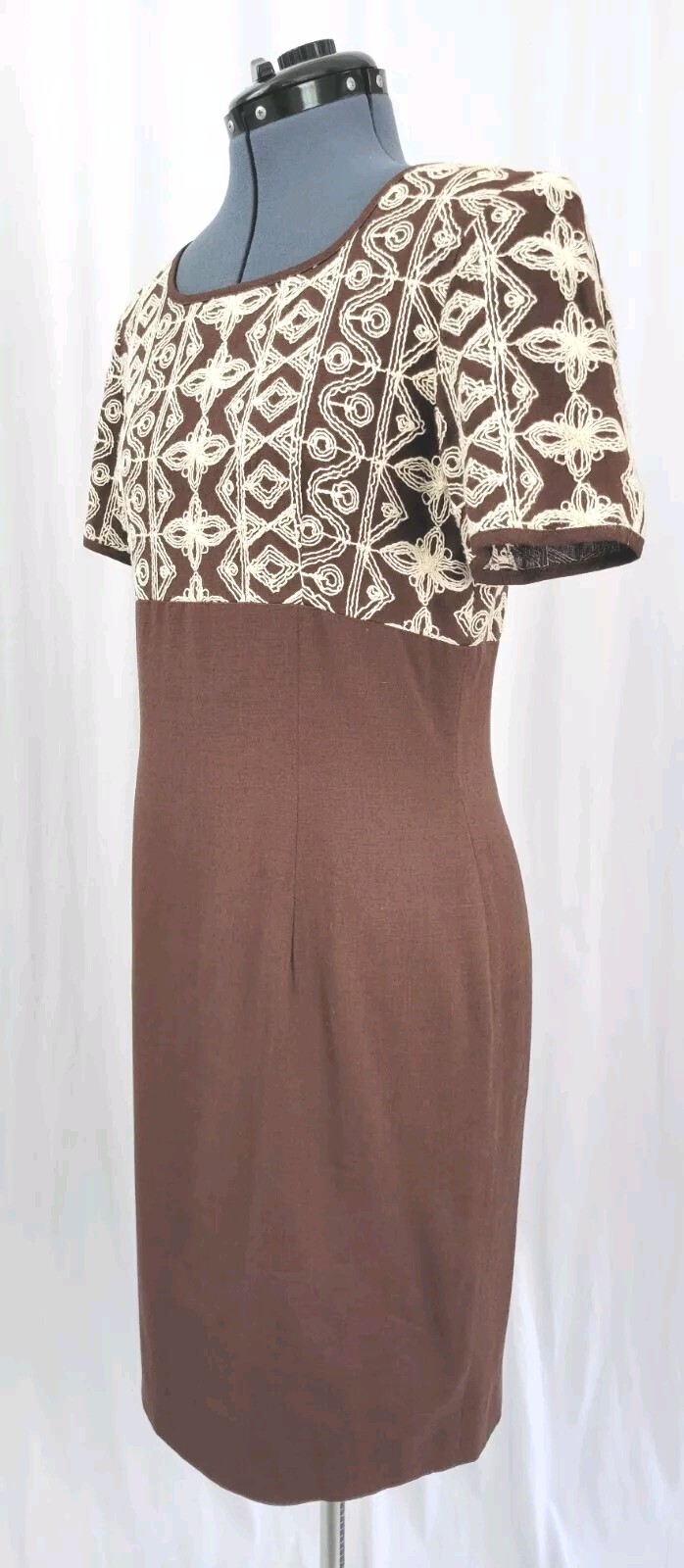 Vintage Yves Cosette Depeche Mode Brown Dress w Cream Embroidery Size 8