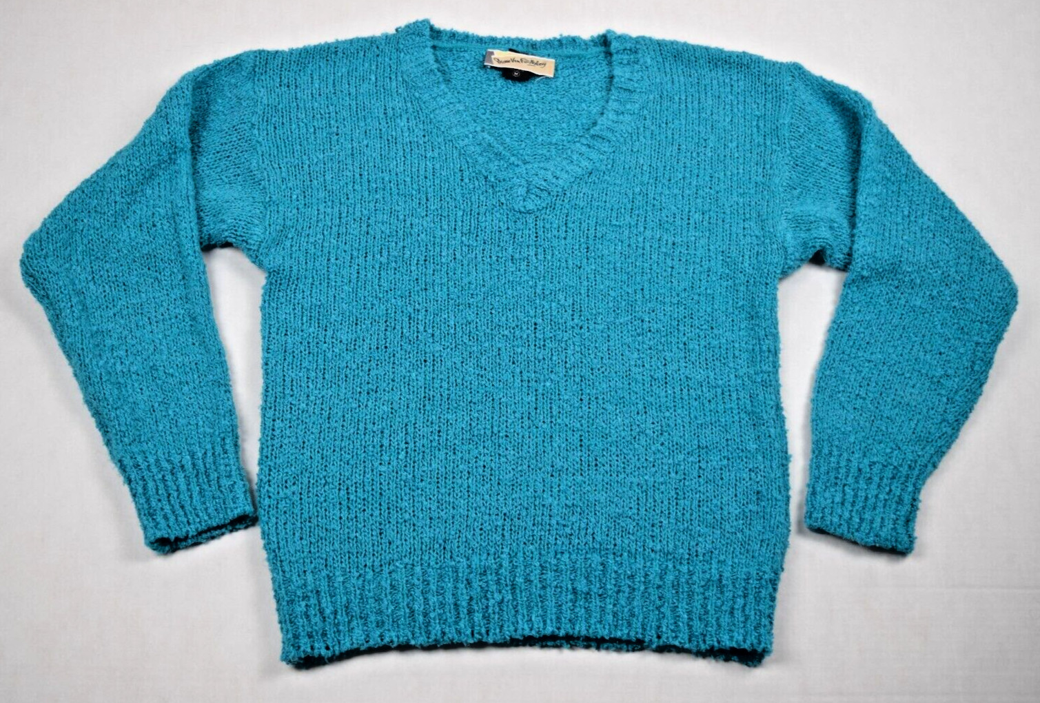 Vintage Diane Von Furstenberg Sweater Size M 90s Turquoise Rustic Knit V Neck