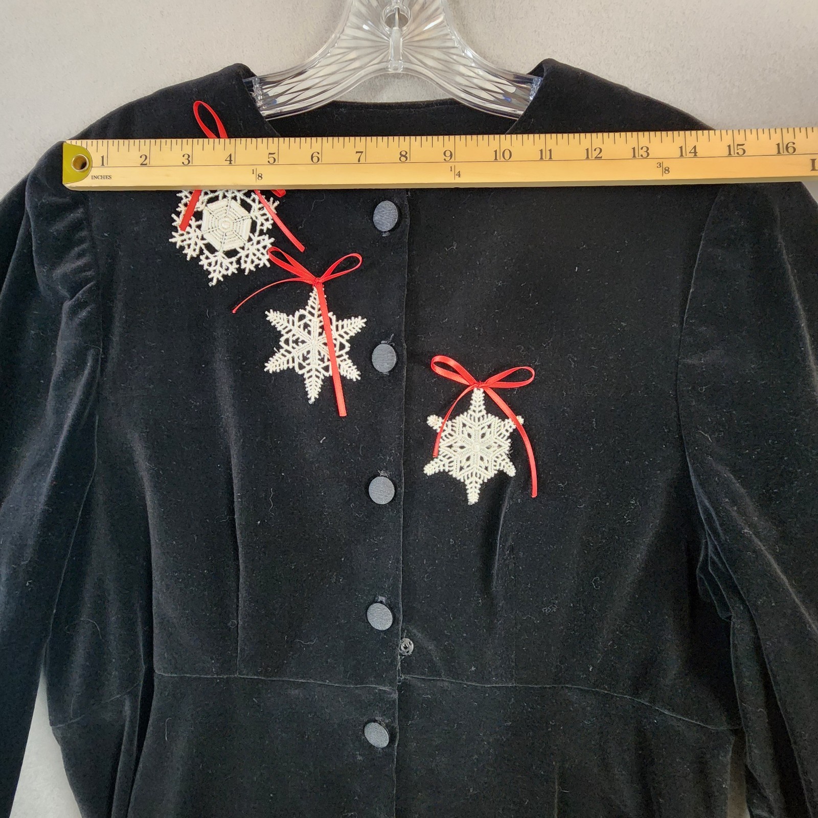 Holiday Dress Black Velvet w/Snowflake Appliqué Red Bows Button Front Long