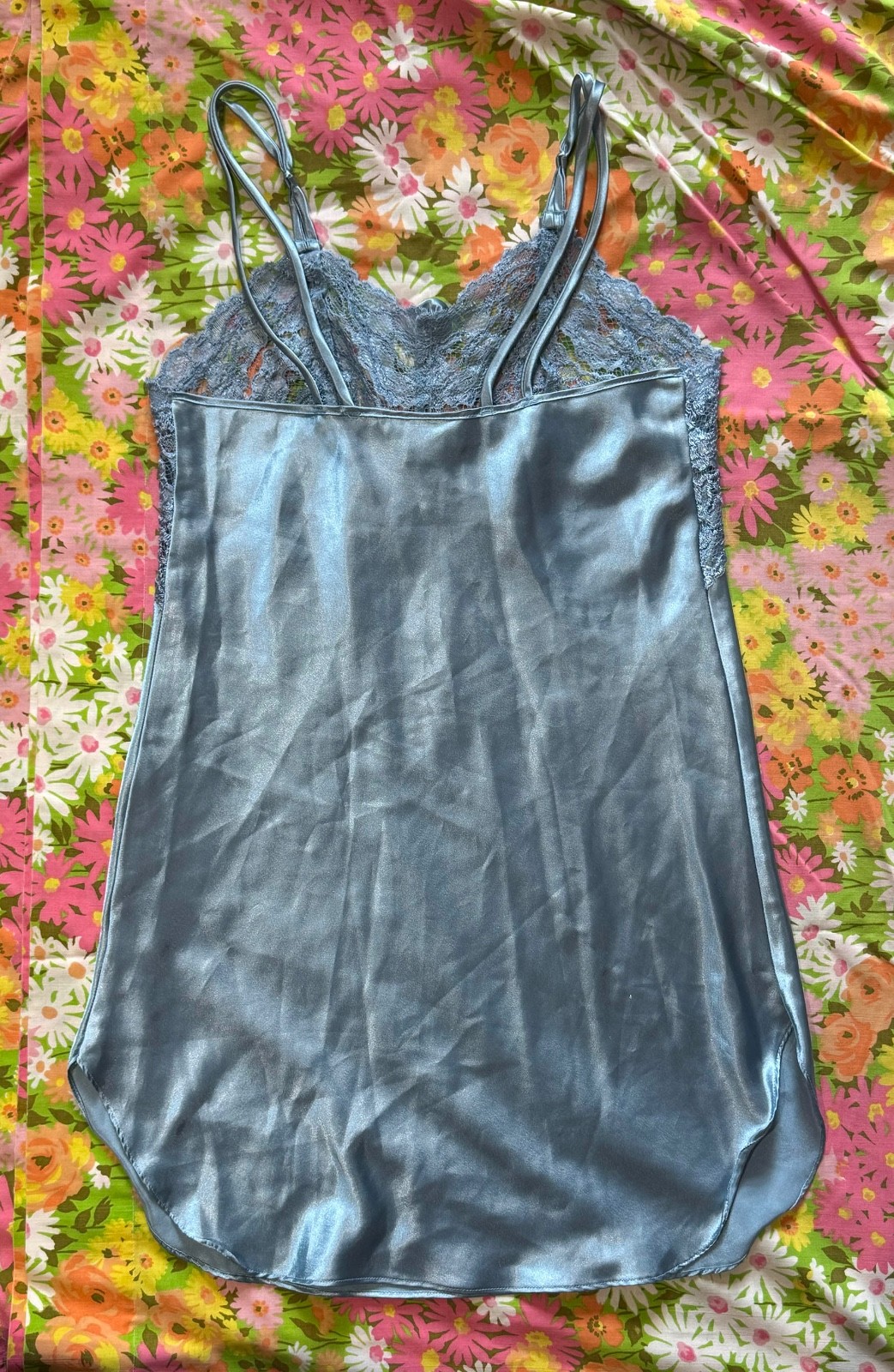 Vintage 90s Silky Satin Slippery Lingerie Lace Rose Baby Doll Blue Slip Dress S