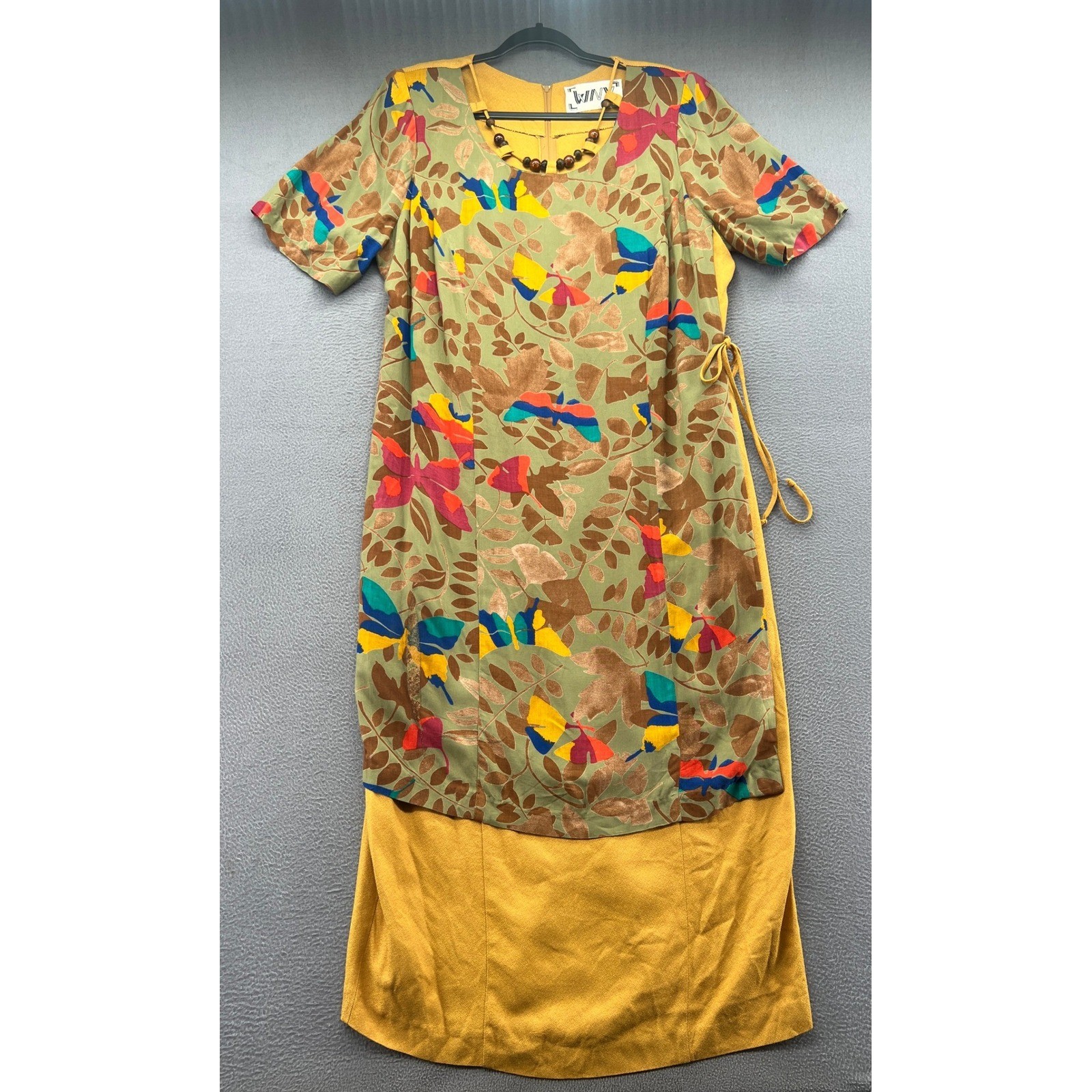 WNY Vintage Maxi Dress Mustard Yellow Butterfly Print Beaded Neck Side Tie L