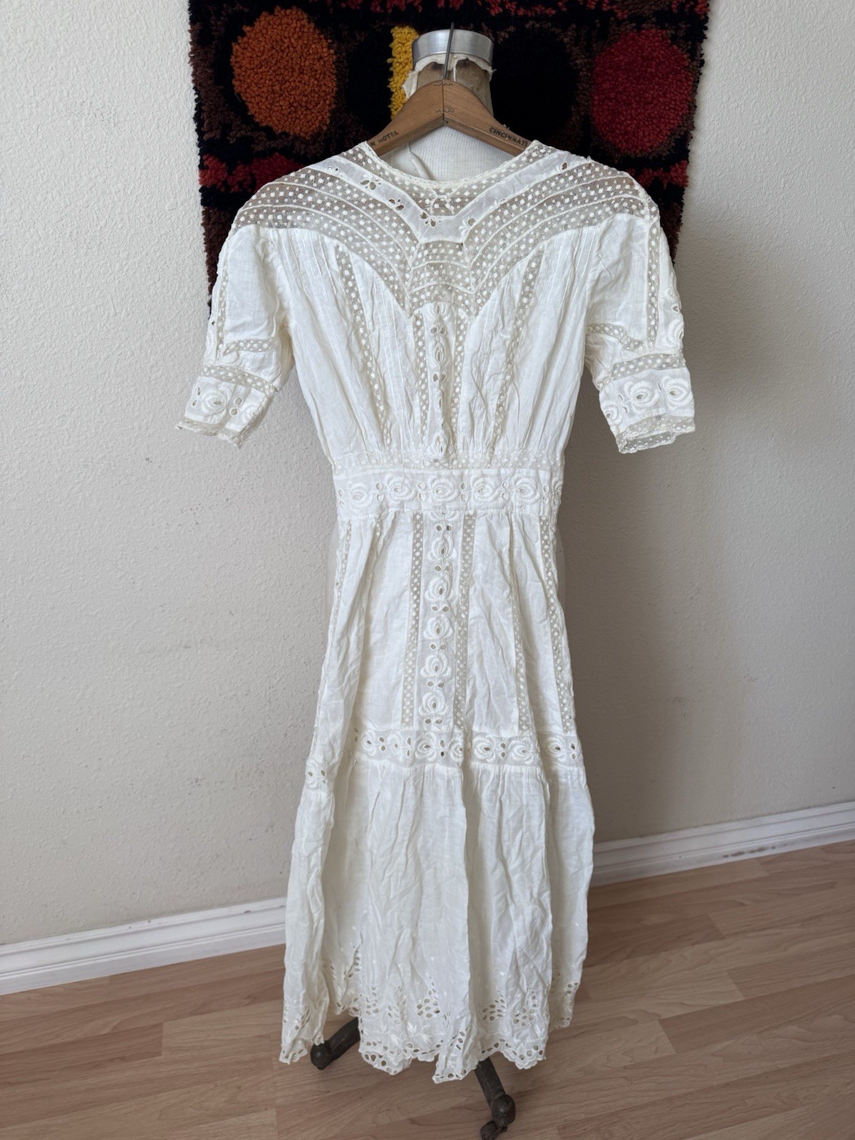Antique Edwardian Victorian White Cotton Lace Semi Sheer Dress
