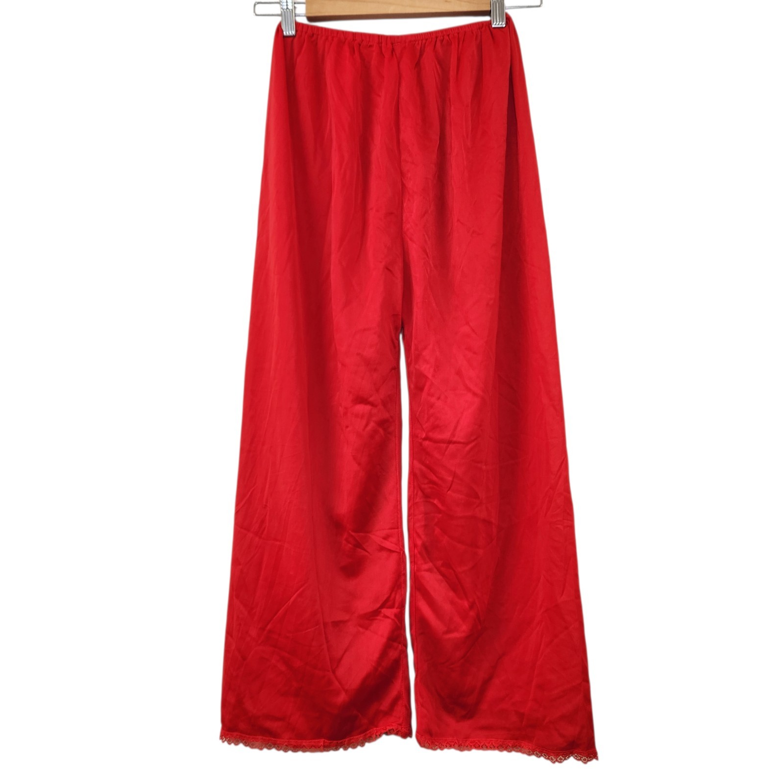 Vintage 70s Sheer Red Chiffon Lace Pajama Set Boudoir Lounge Romantic Wide Leg