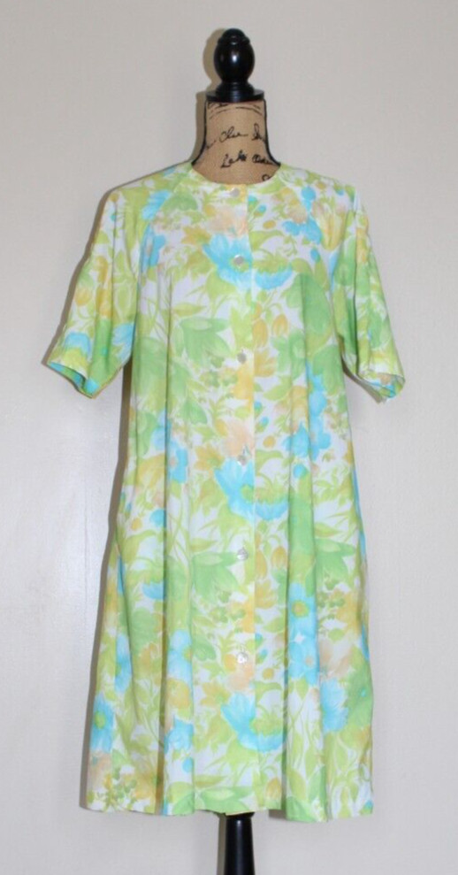 Vintage 1960s Rhapsody by Glazier Blue Green Yellow Floral House Dress Women’s M