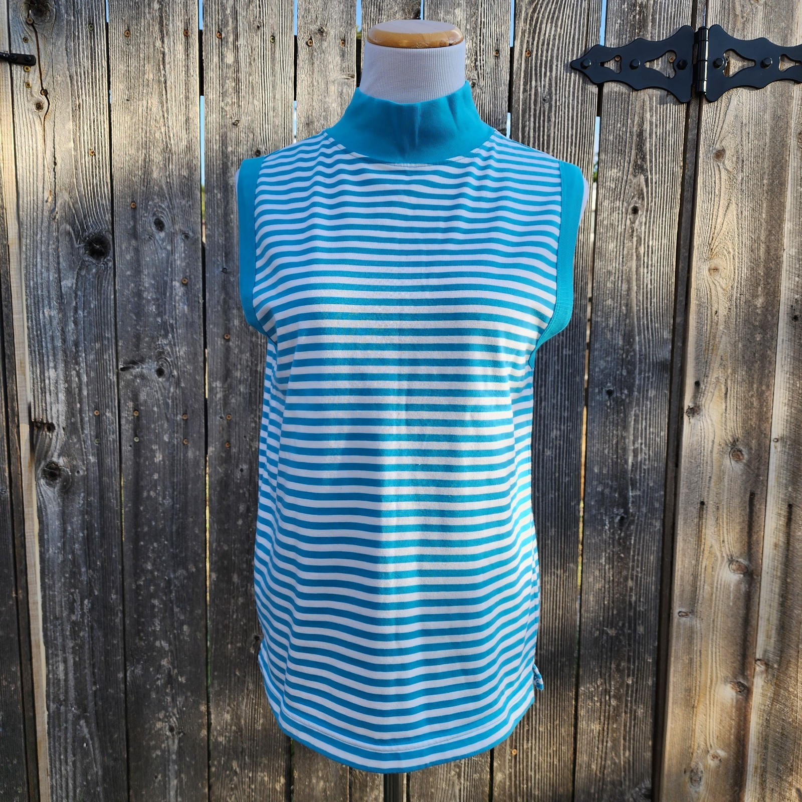 Vintage 80s Idioms Striped Mock Neck Top Teal Blue White Sleeveless Knit Large