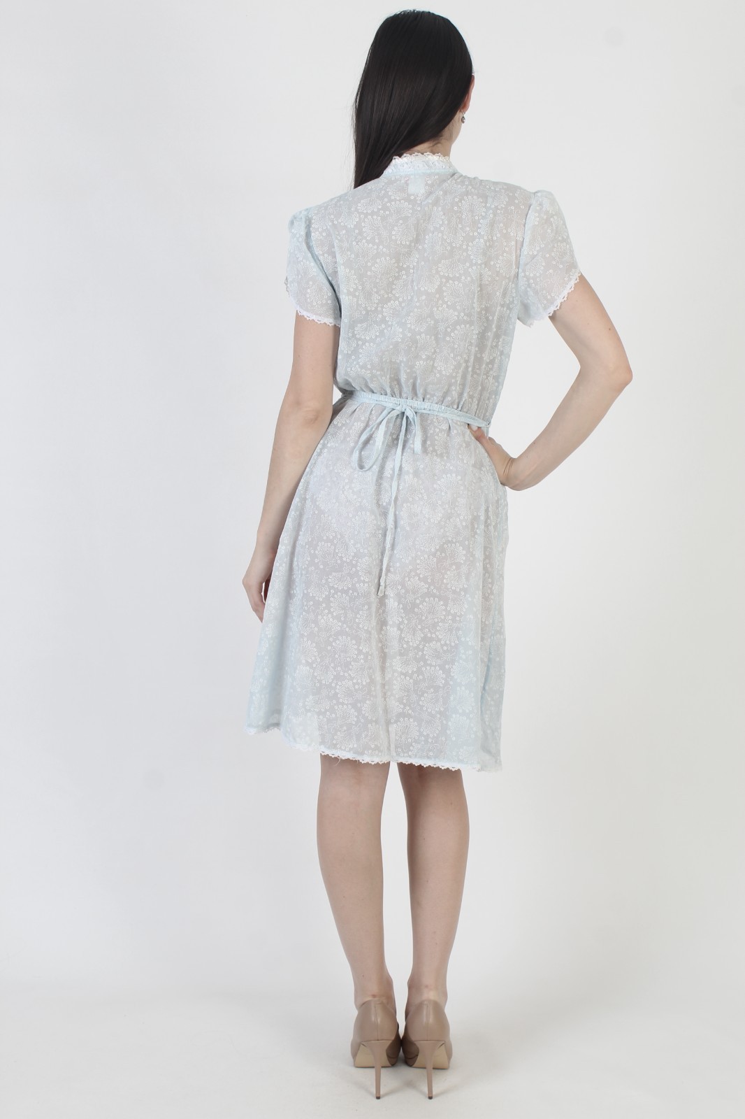 Vtg Wht Floral Lace Dress Prairie Blue Prairie Belted Cottage Split Slv Sundress