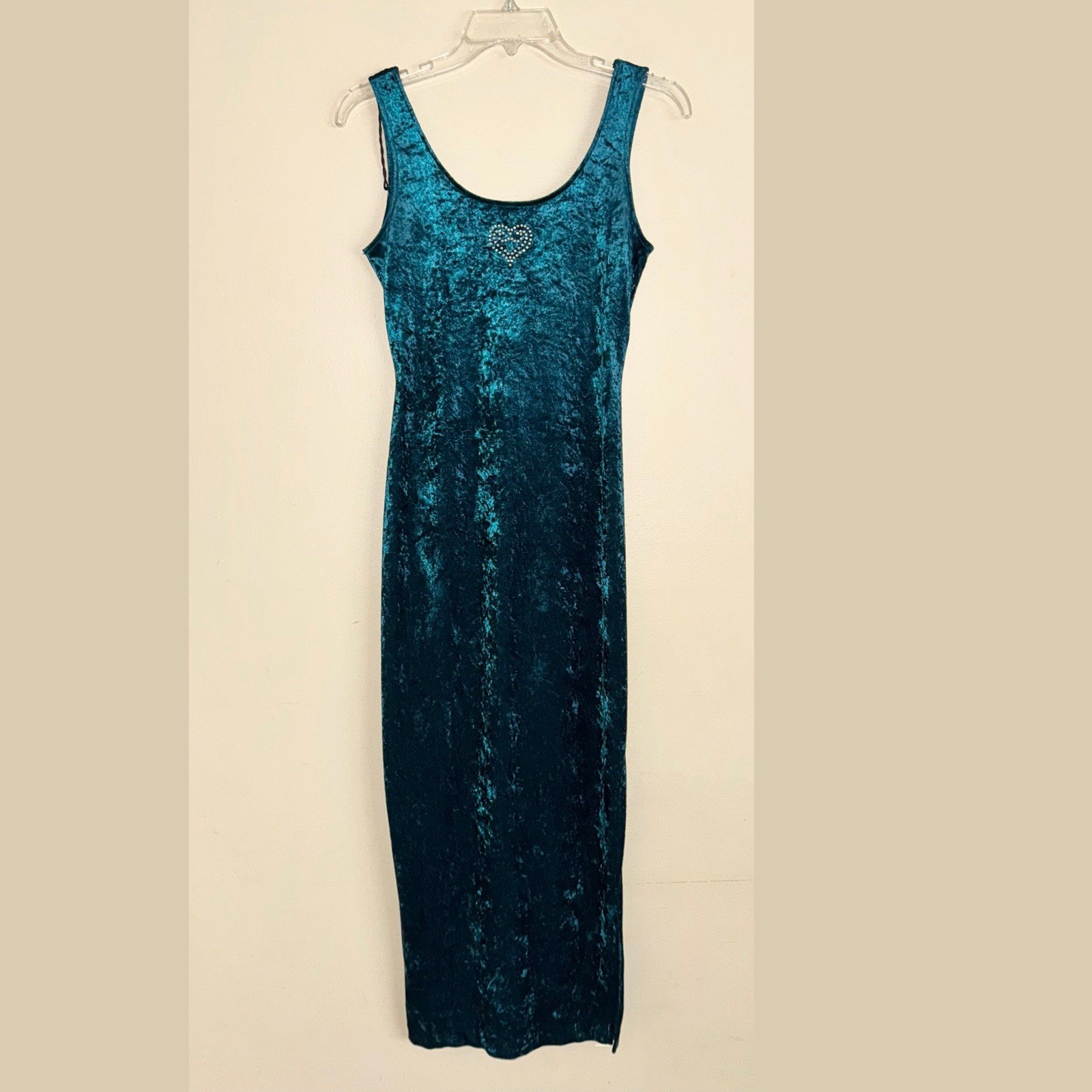 Vintage All That Jazz Blue Teal Velvet Rhinestone Maxi Slip Dress Size XS