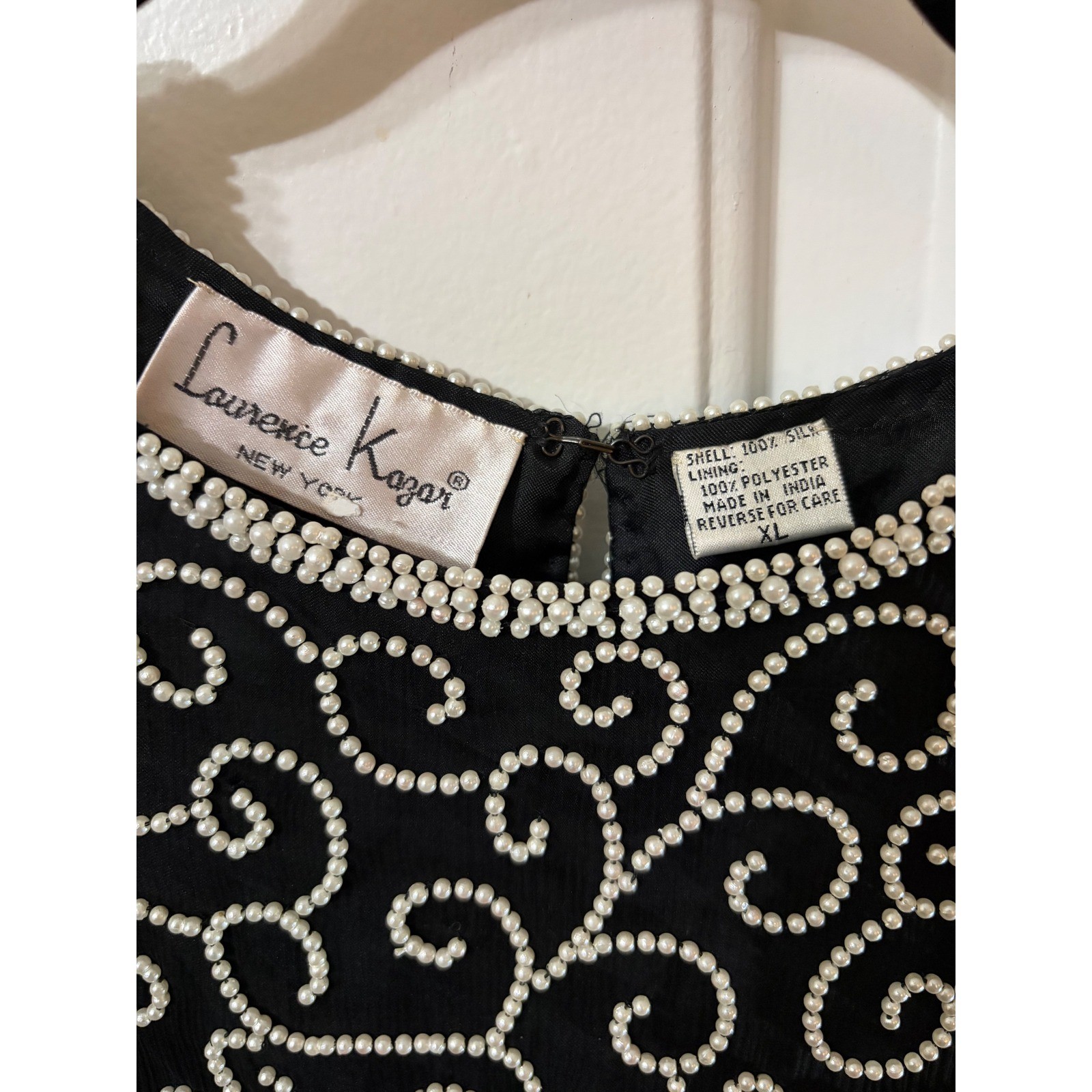 Vintage Beaded Silk Blouse | XL| Black Laurence Kazar New York
