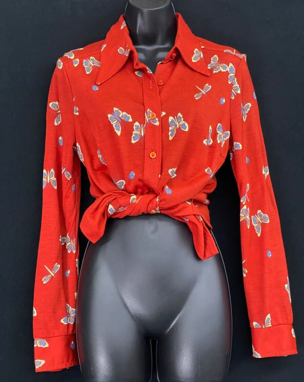 Vintage 1970s red novelty print shirt, bugs butterfly deadstock blouse top rust