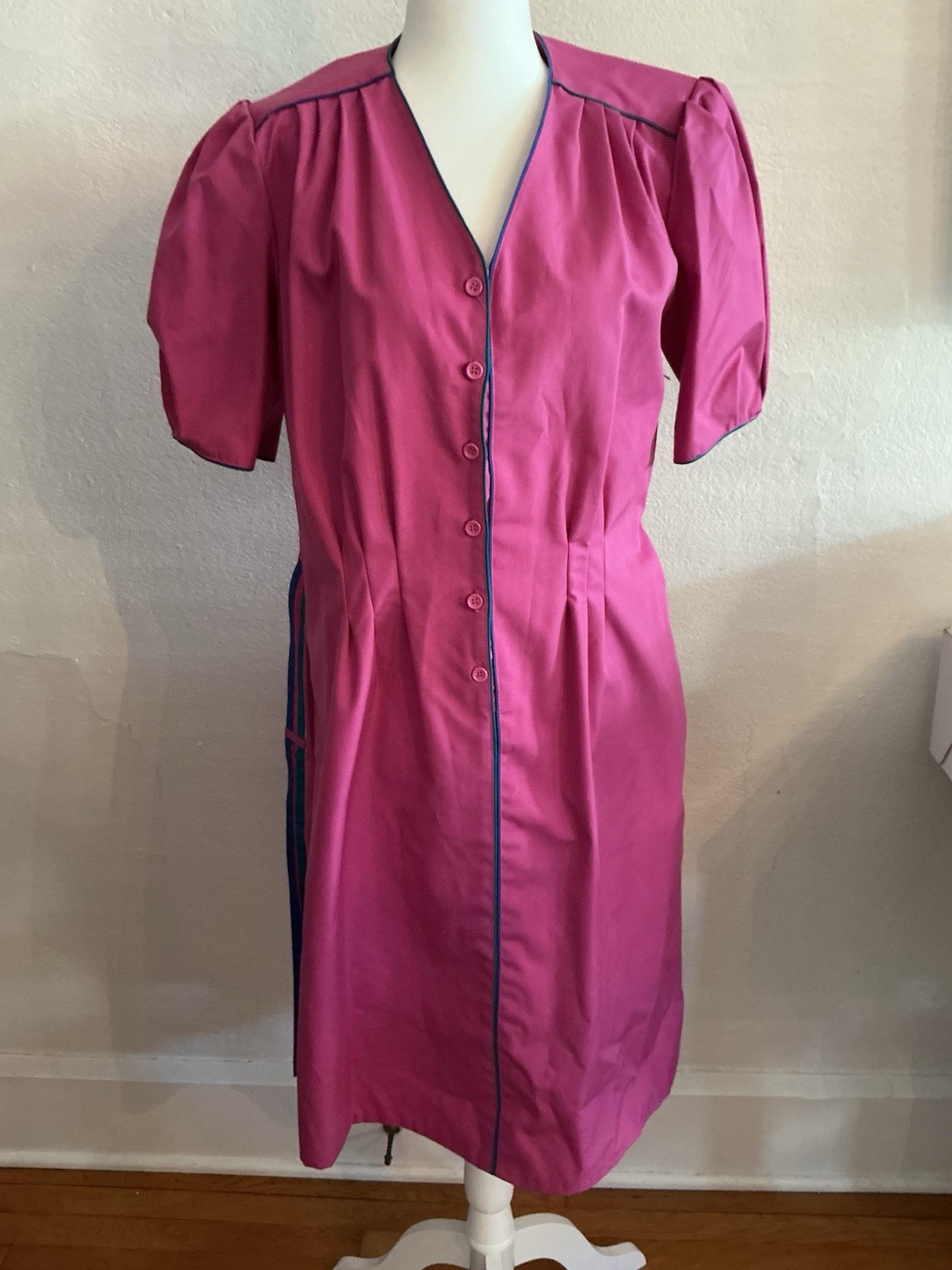 Vintage Day Dress Townhouse 80s Prep Pink Color-block Piping Whimsy 14 M L