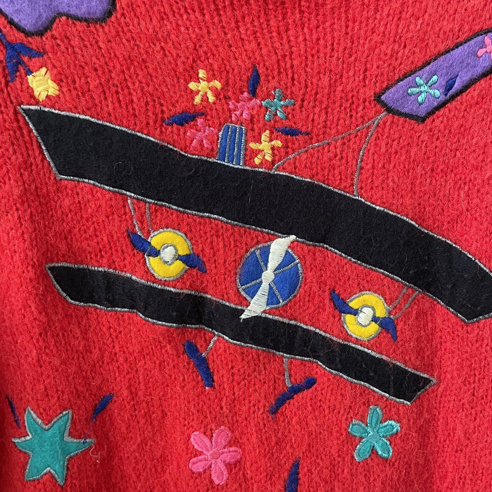Vintage 80s 1980s Rafael Acrylic Mohair Biplane Airplane Novelty Sweater M