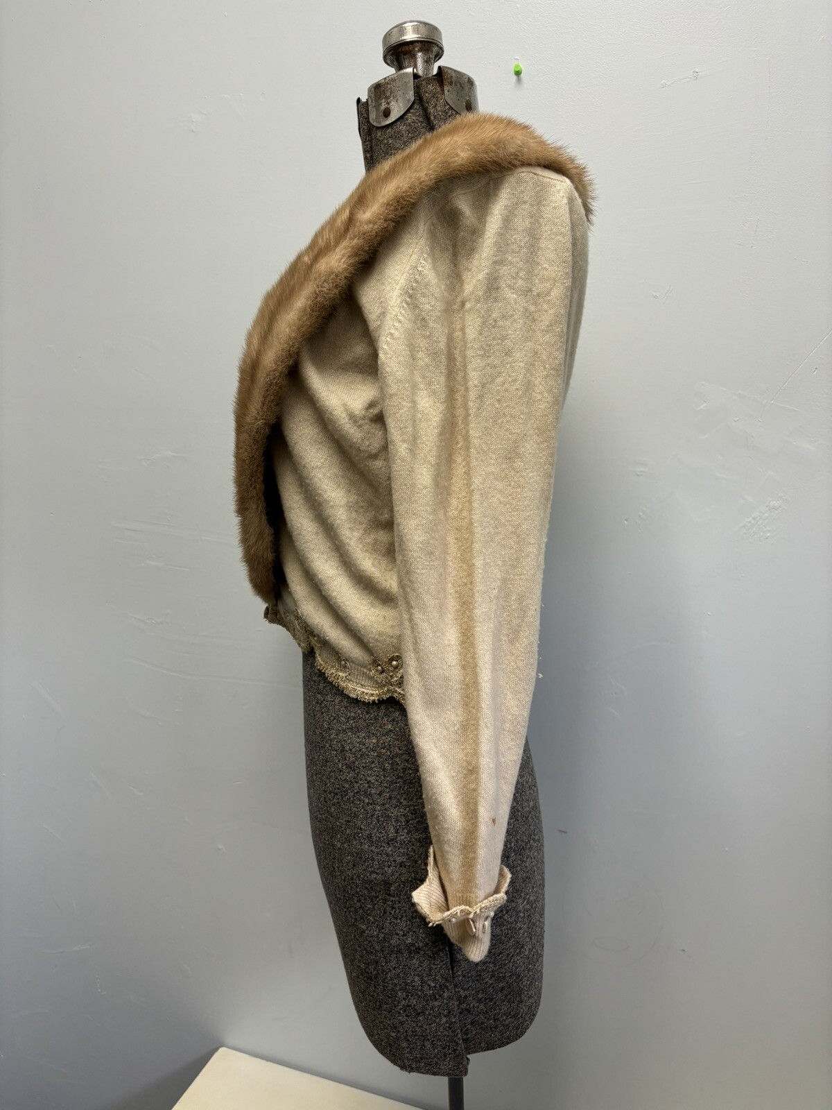 Vintage Cashmere Mink Trim Cream Sweater, S/M By ALTMANN OF VIENNA