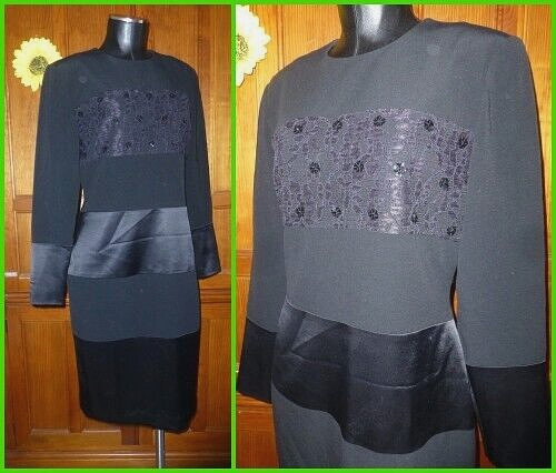 VTG BILL BLASS Black Sequin Lace Crepe Satin Evening Party Sheath DRESS sz 8 M