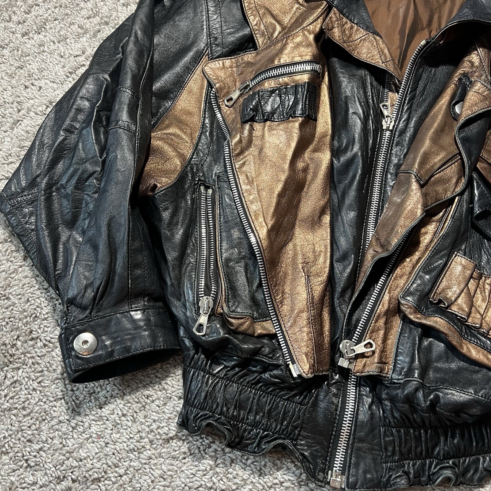 Vintage Black Brown Geometric Moto Biker Jacket Grunge 1980s 90s Italy Designer