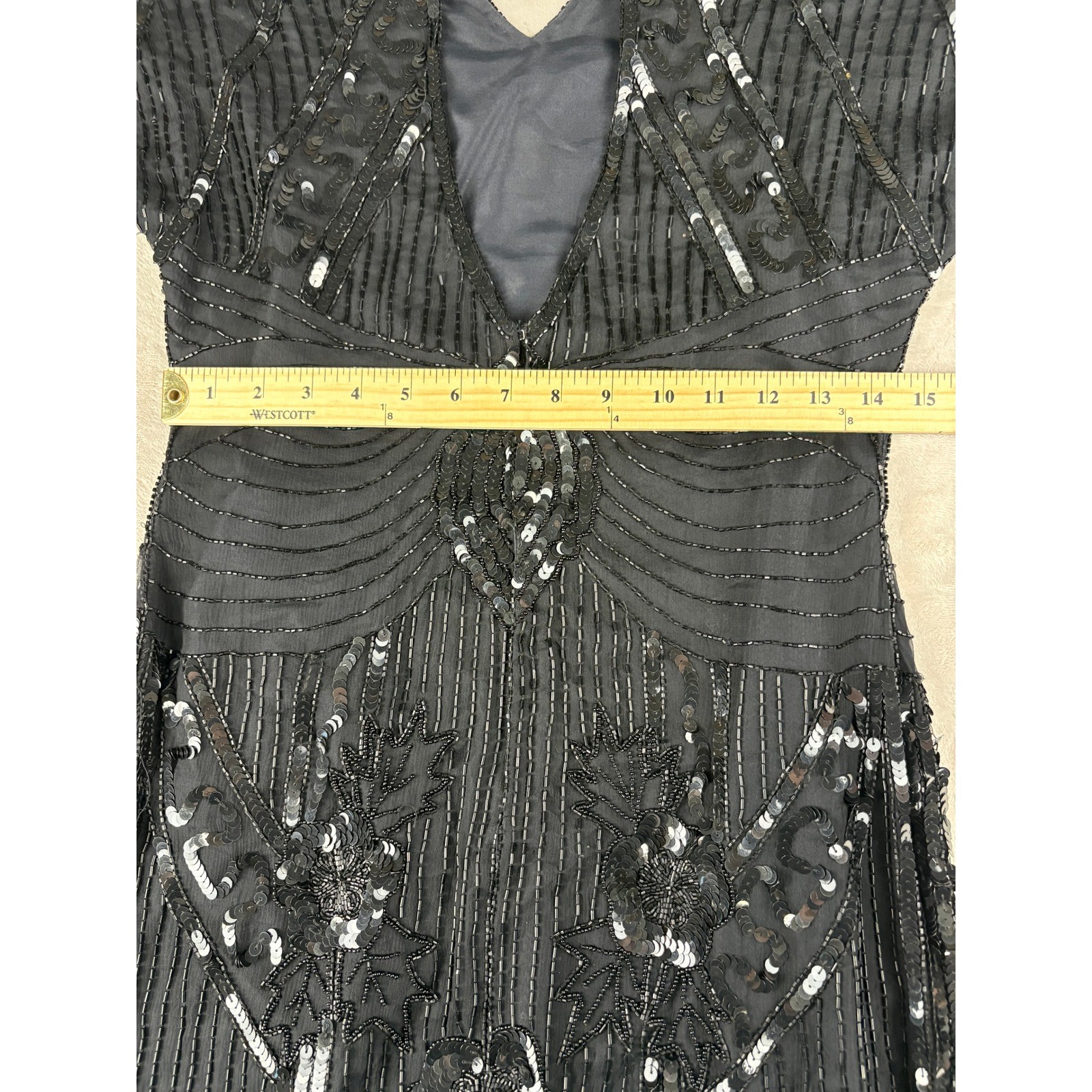 Vintage Carina Black Pure Silk Beaded Sequin Art Deco Flapper Mini Dress Medium