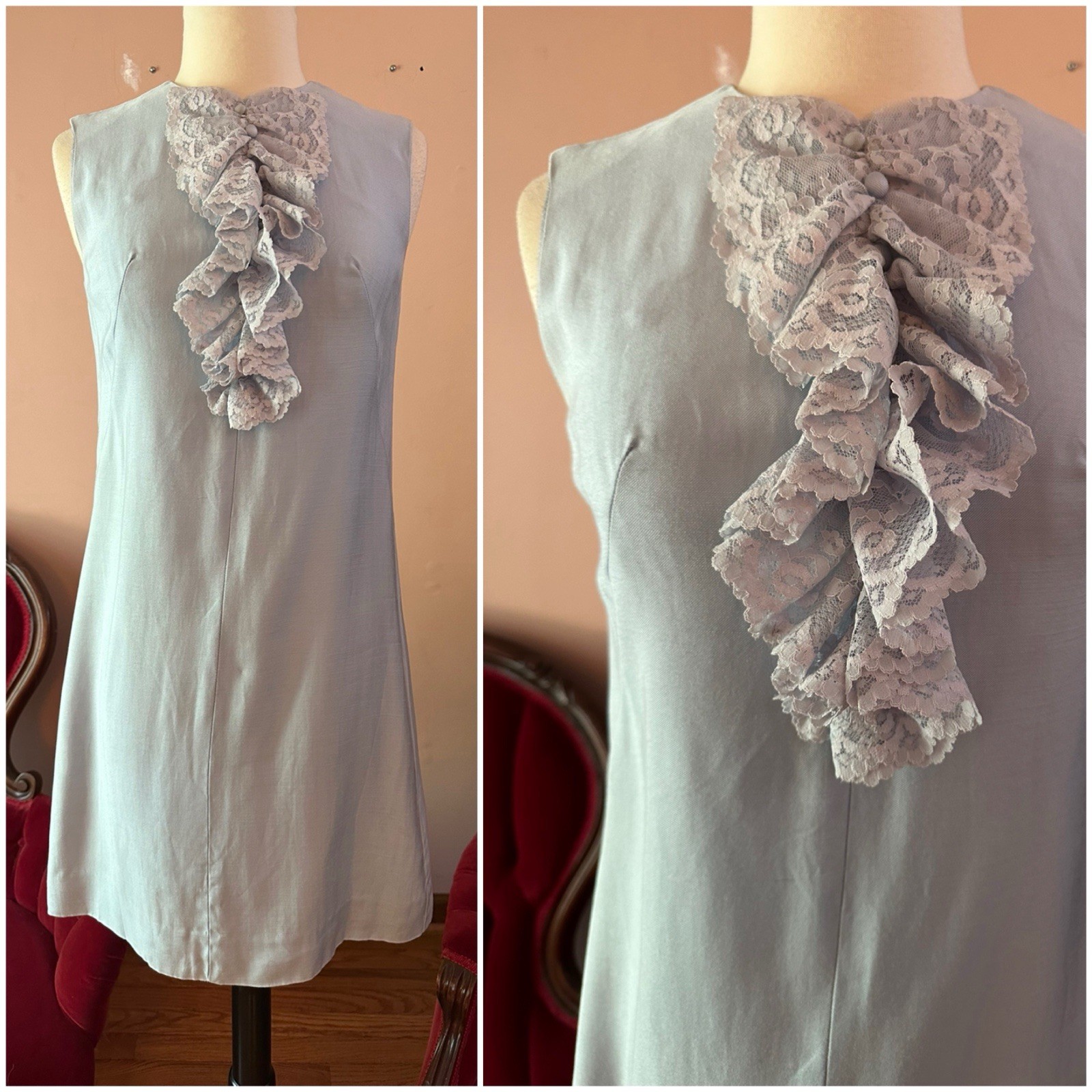 Vintage 60s Baby Blue Lace Ruffled Jabot Shift Mini Dress Silk Linen XS S