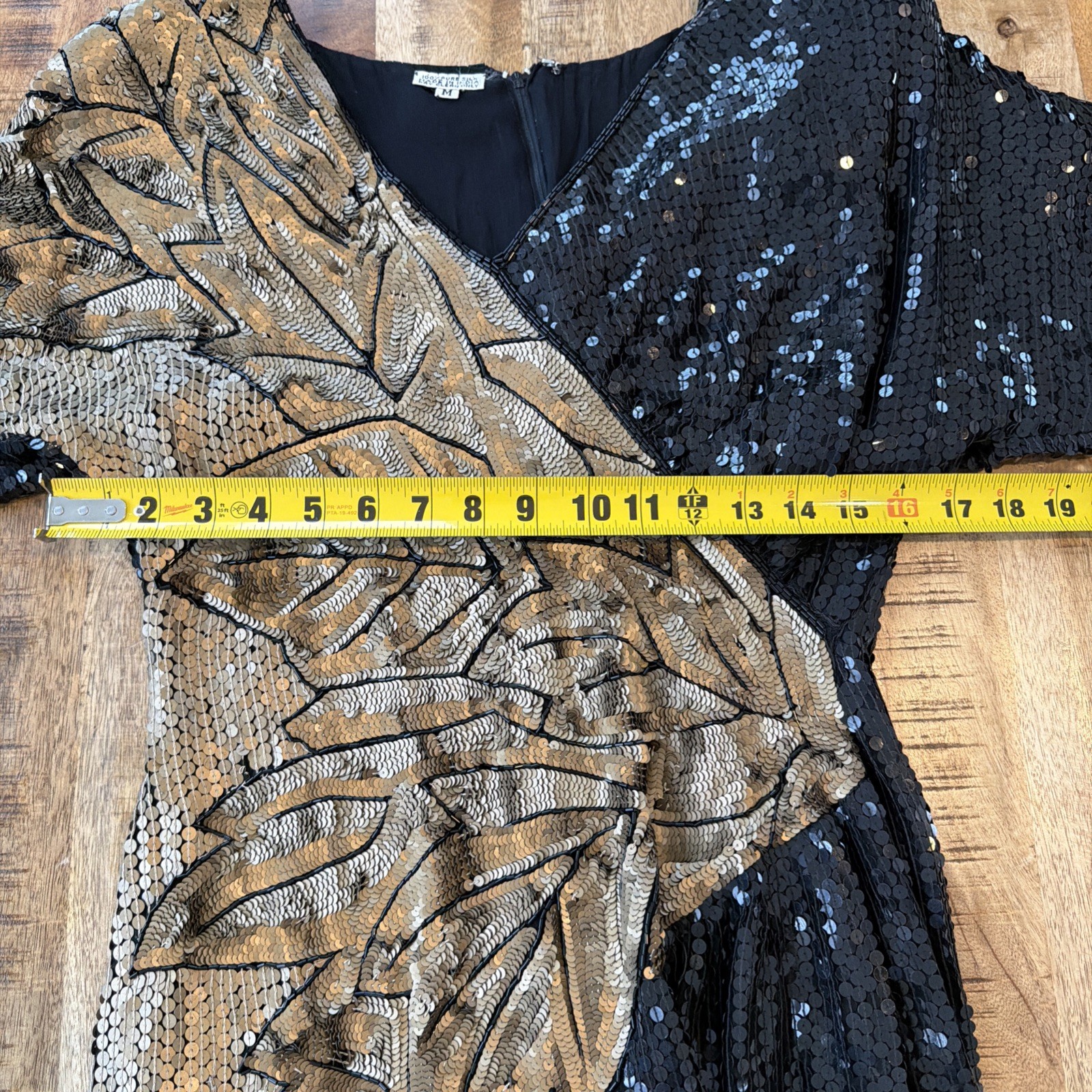 VTG Sequin Gown Dress 100% Silk 90s Black Gold Ruched V Neck Mob Wife Disco