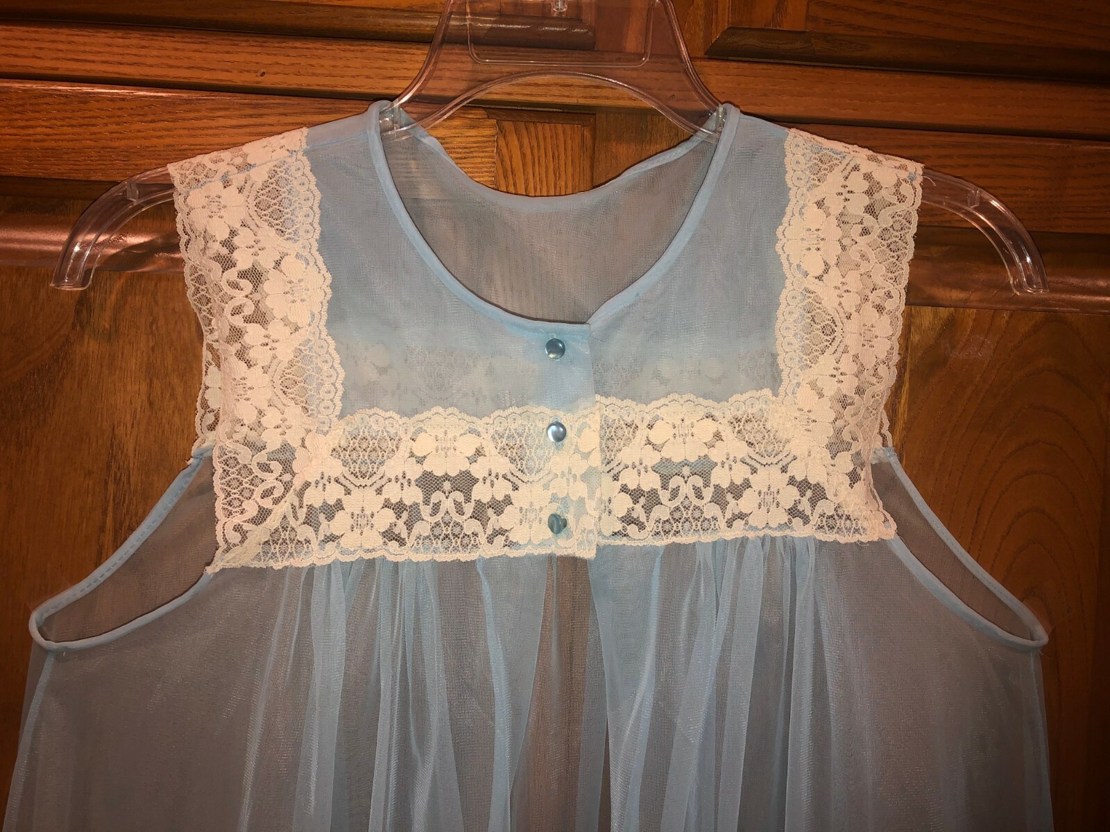 Ladies vtg lt blue accordion pleated nylon 2-piece negligee&cover, Evette, SMALL