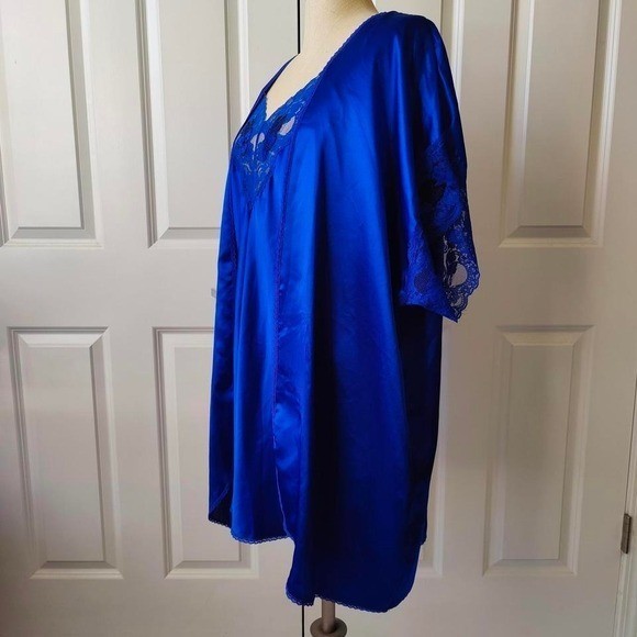 Vintage 80s 2 Pc Lingerie Slip Dress Matching Robe Cobalt Blue Val Mode USA Med