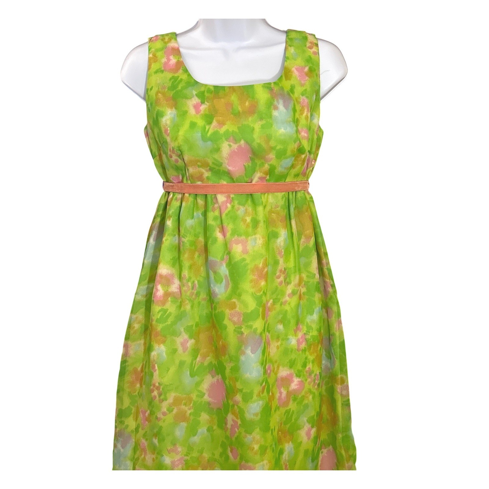 Vintage Green Floral Empire Waist Maxi Dress Mod 60s Pastel Cottagecore Fairy