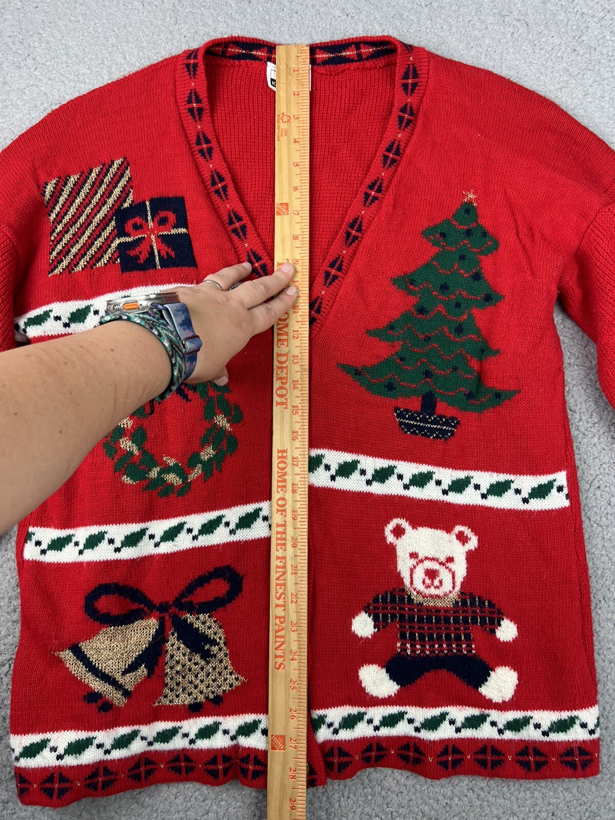 VTG Adele Knitwear Ugly Christmas Sweater Large Bear Tree Bells Present Cardigan