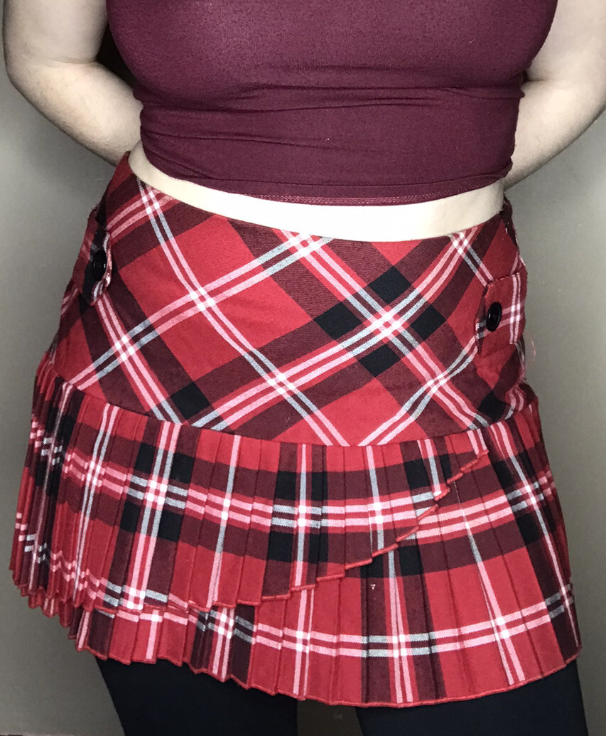 Vintage Y2K Sirens S Red Plaid Tartan Schoolgirl Punk Pleated Wrap Stretch Skirt