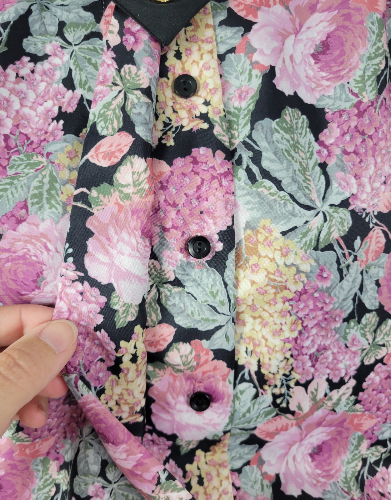 Vintage Copy Cats Black & Pink Floral S/S Blouse w Accent Collar Size 12