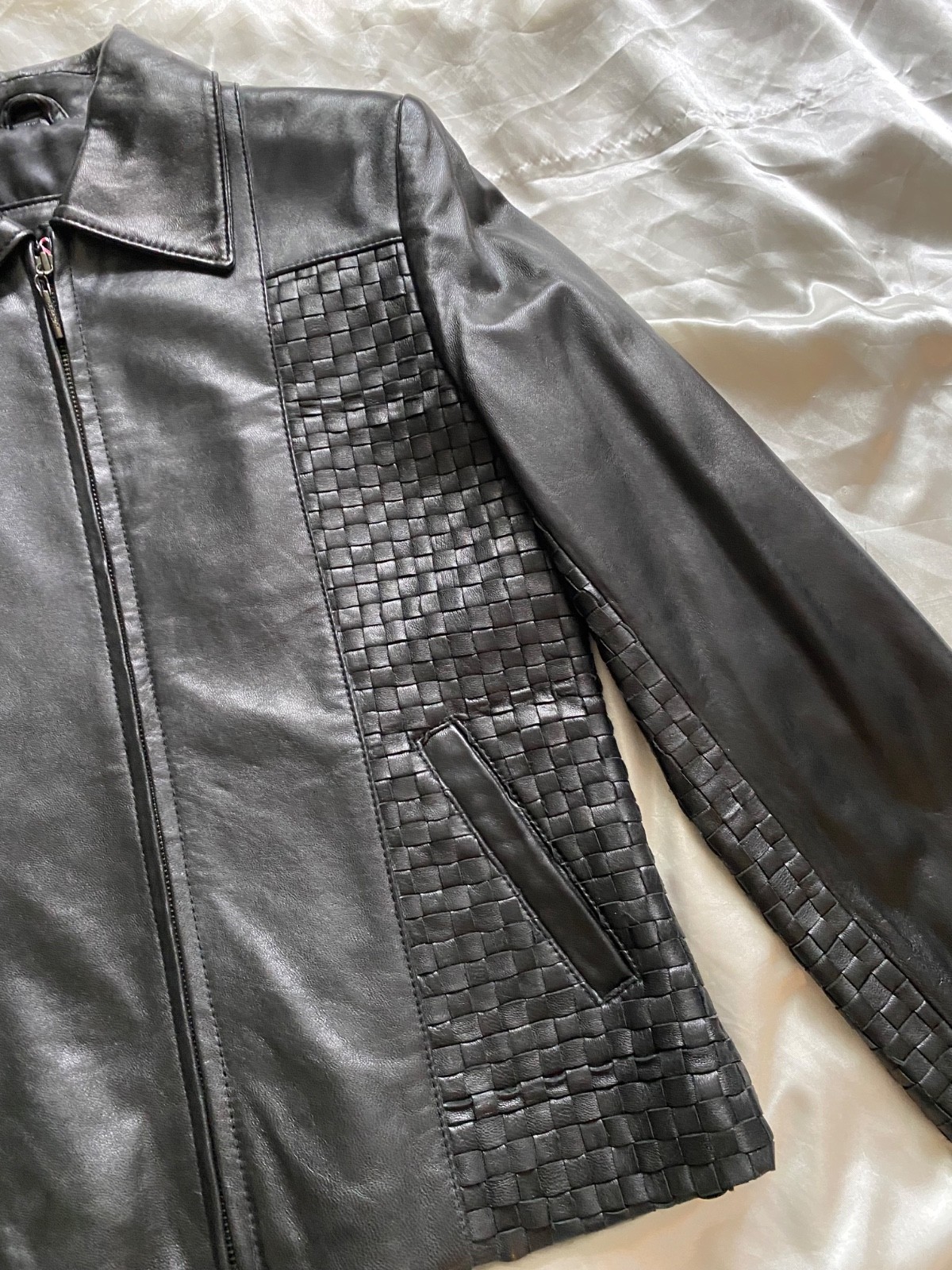 Vintage 1990s NWT Black Woven Leather Jacket Minimalist Medium Classic