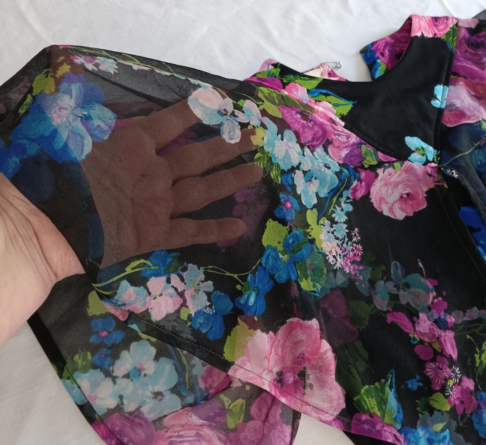 Vintage Floral Cape Sleeve Secretary Dress Black Pink Blue Chiffon Belted Sheer