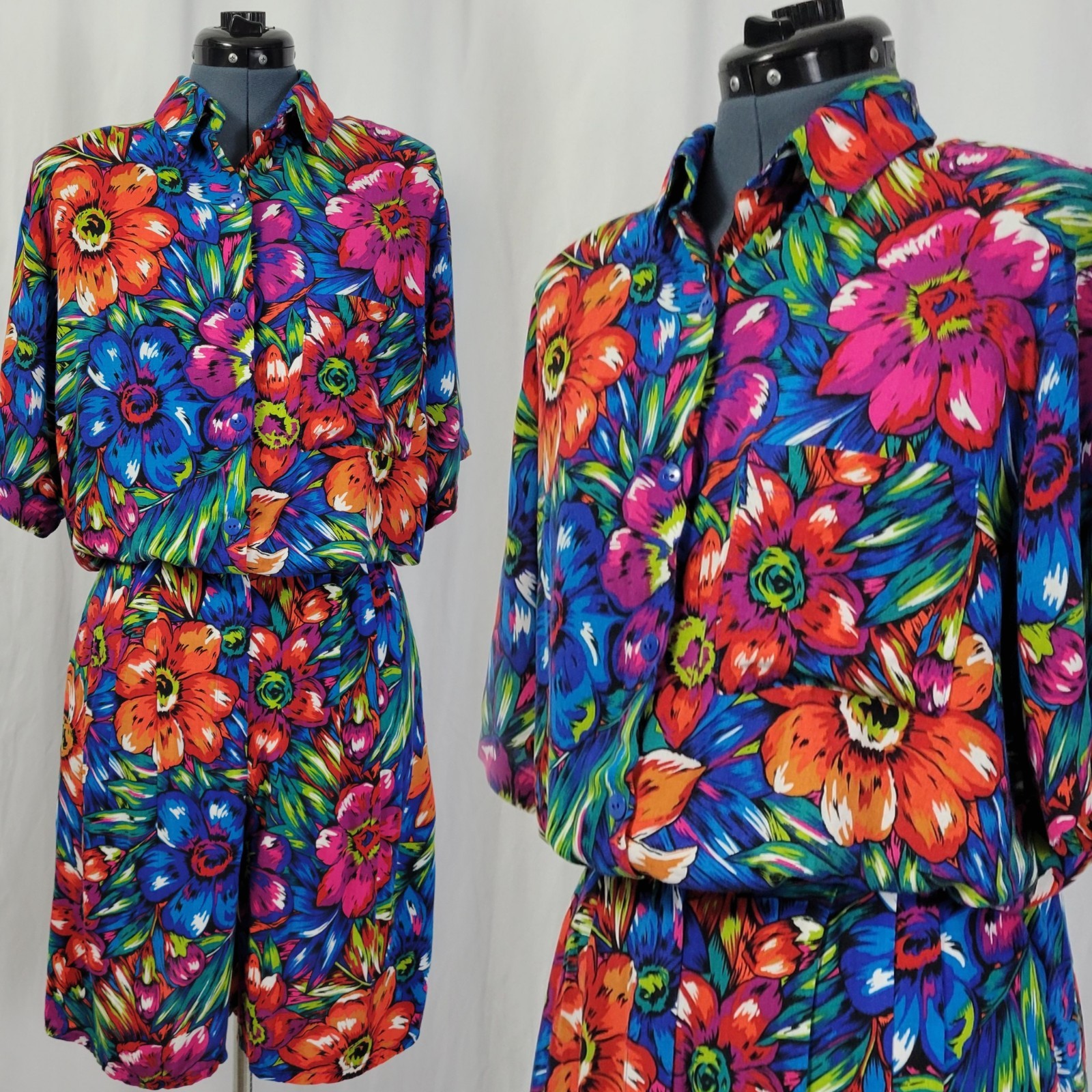 Vintage Grand Nouveau Bright Floral Top & Pleated High Waisted Shorts Size Large
