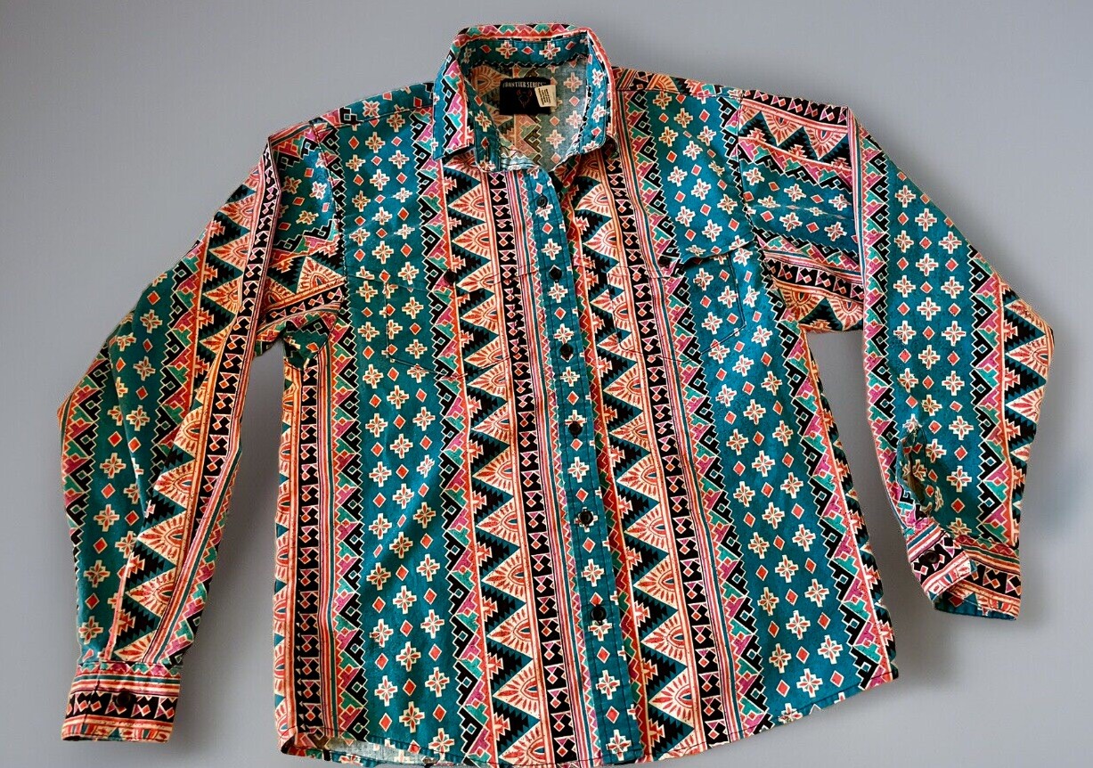 Western Shirt FRONTIER SERIES Womens M Southwestern Coral Turquoise Vintage